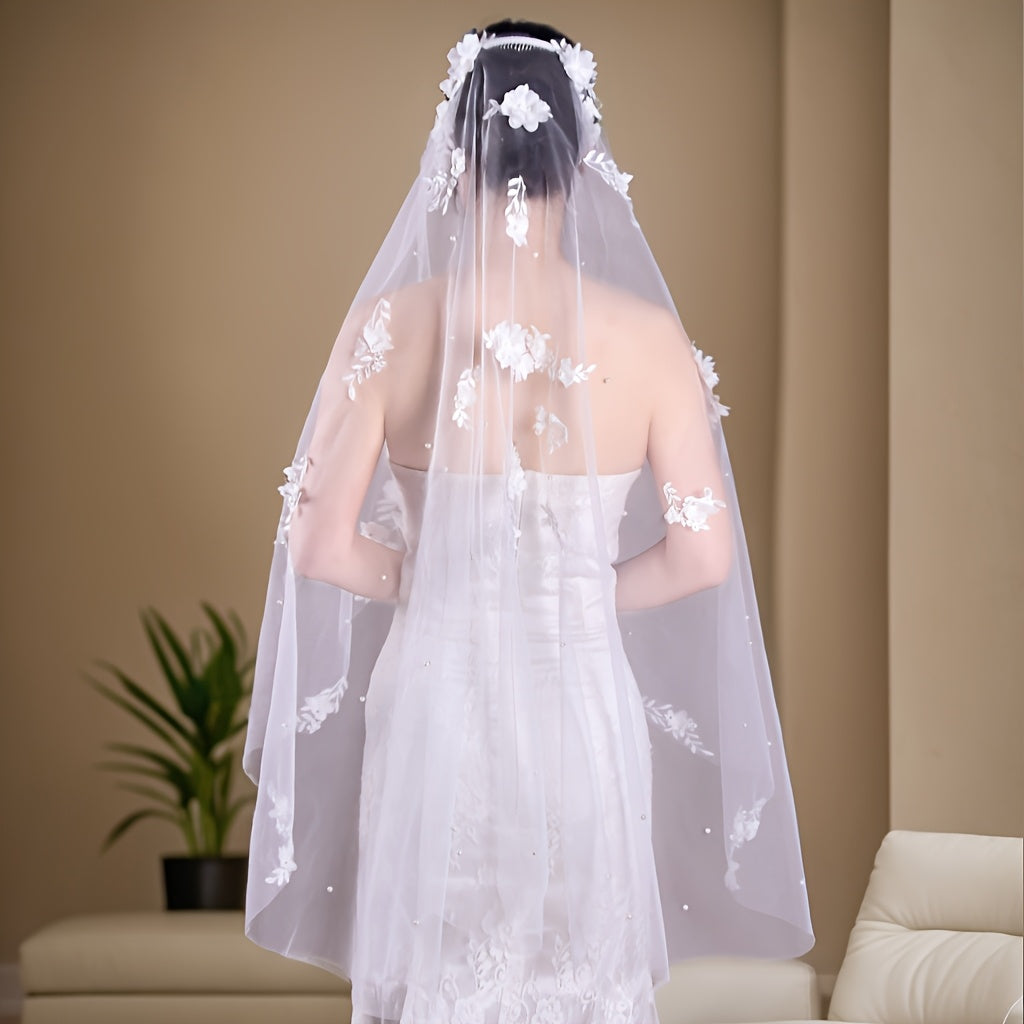 Wedding Veil with Floral Embellishments and Polyester Material for Bridal Accessories