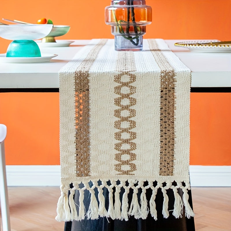 Boho Farmhouse Style Polyester Table Runner with Brown Macrame and Tassels for Holiday and Wedding Decor