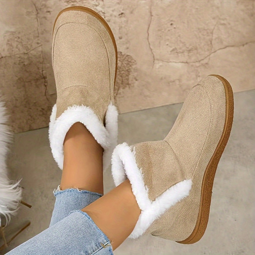 Women's Fleece-Lined Ankle Boots Casual Slip-On Short Boots Rubber Sole