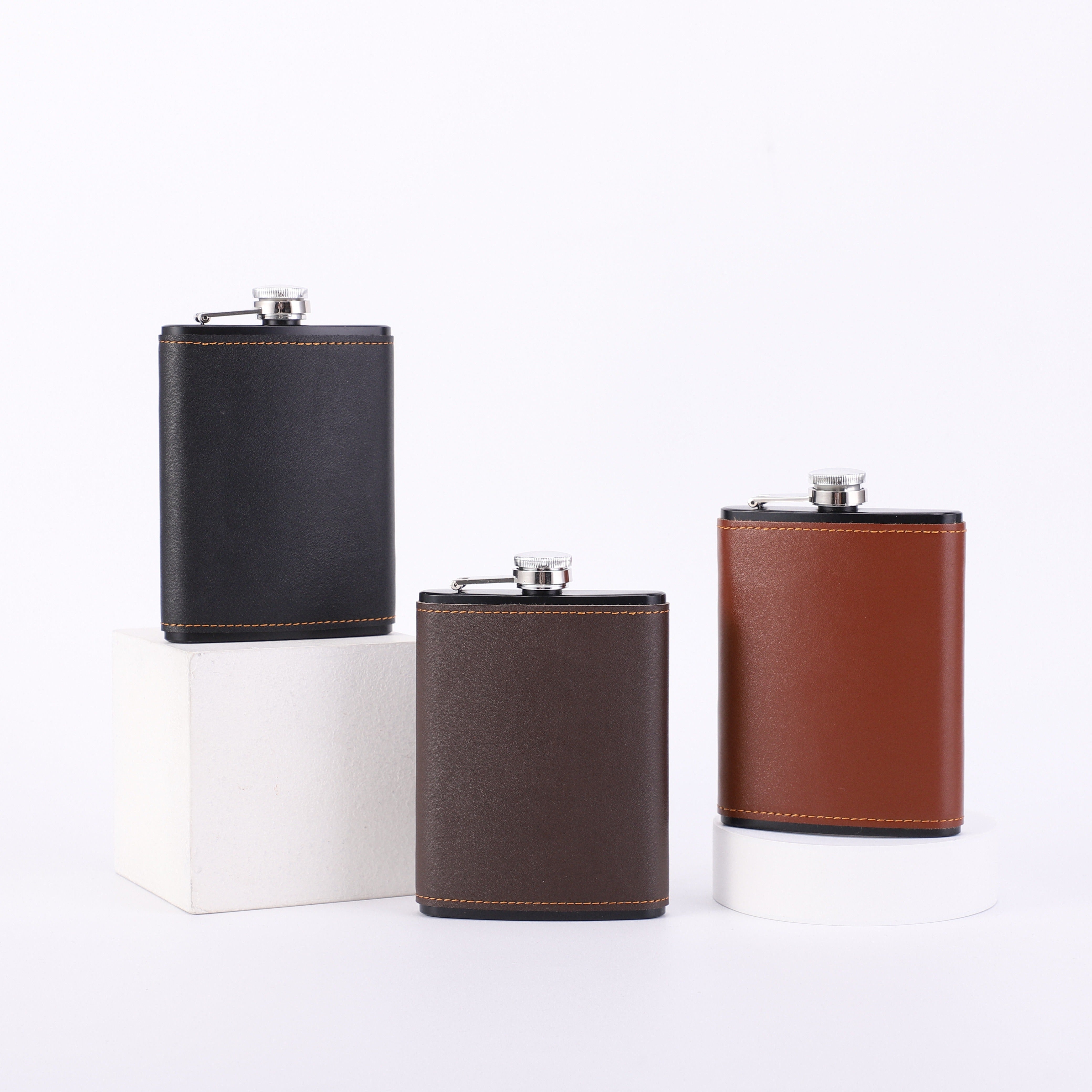 8-Ounce Stainless Steel Hip Flask with Faux Leather Case in Black or Brown
