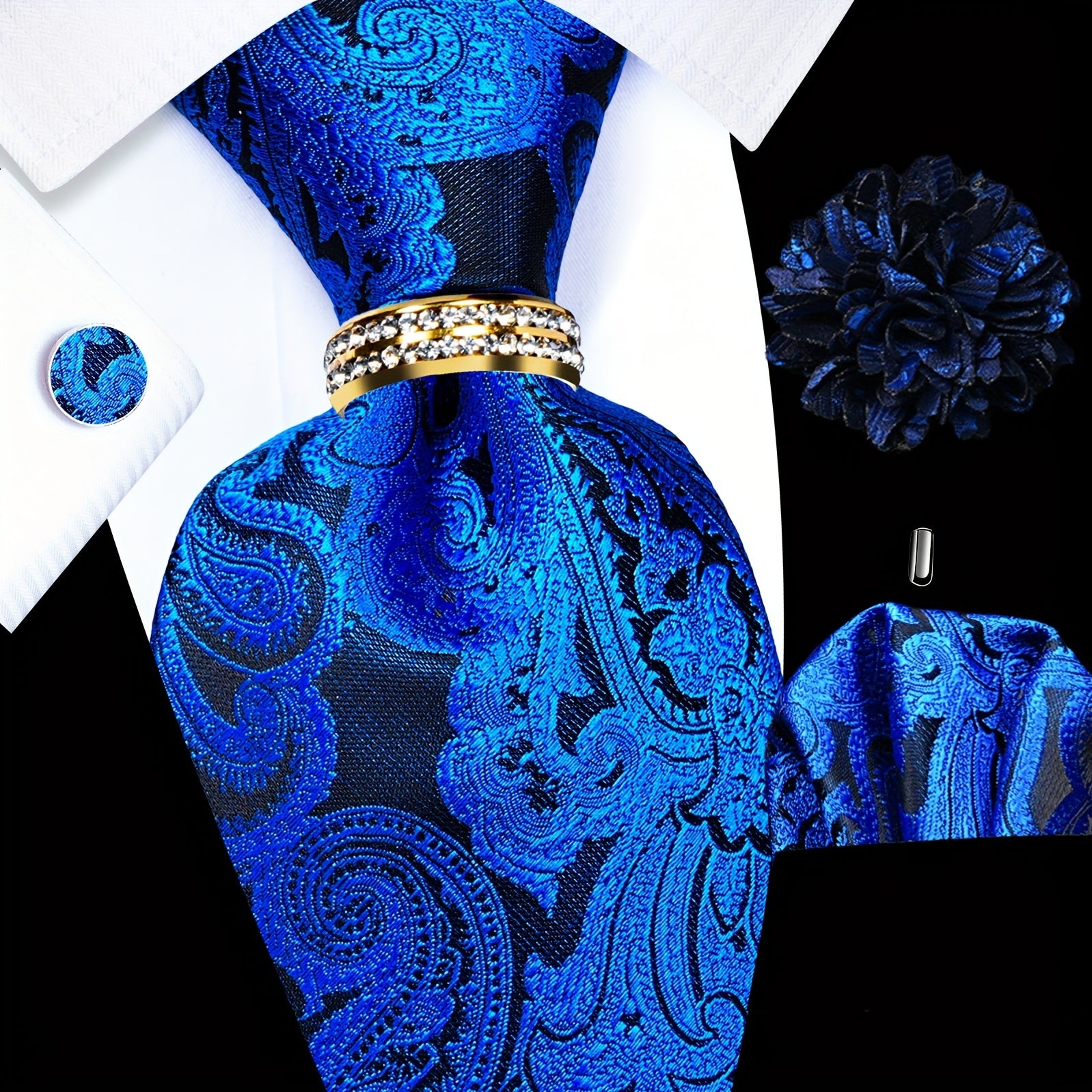 Men's Formal Tie Set with Pocket Square Cufflinks Tie Clip Lapel Pin and Ring for Weddings and Occasions
