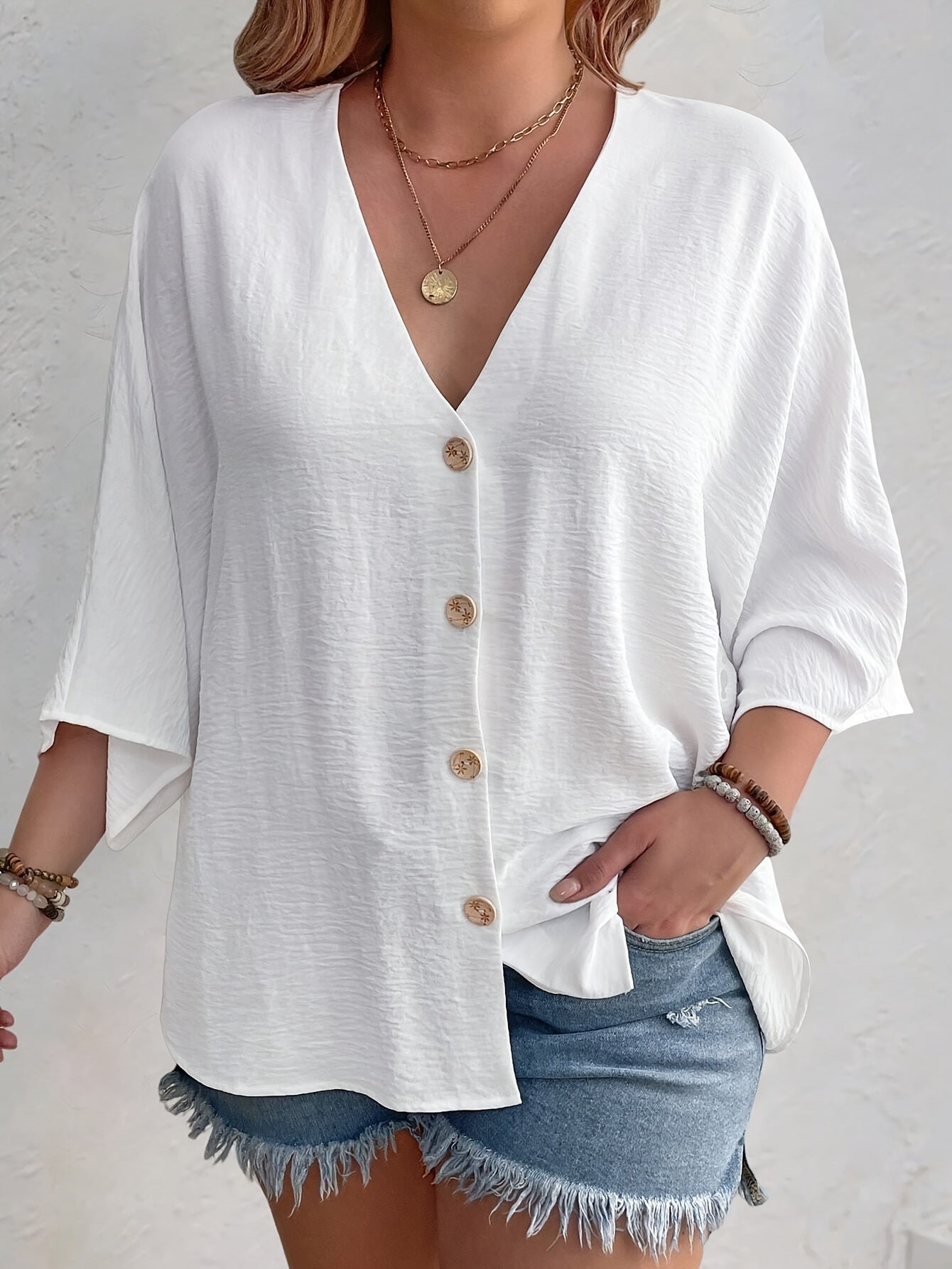 Plus Size Women's V-Neck Long Sleeve Blouse Polyester Button Front Solid White Relaxed Fit