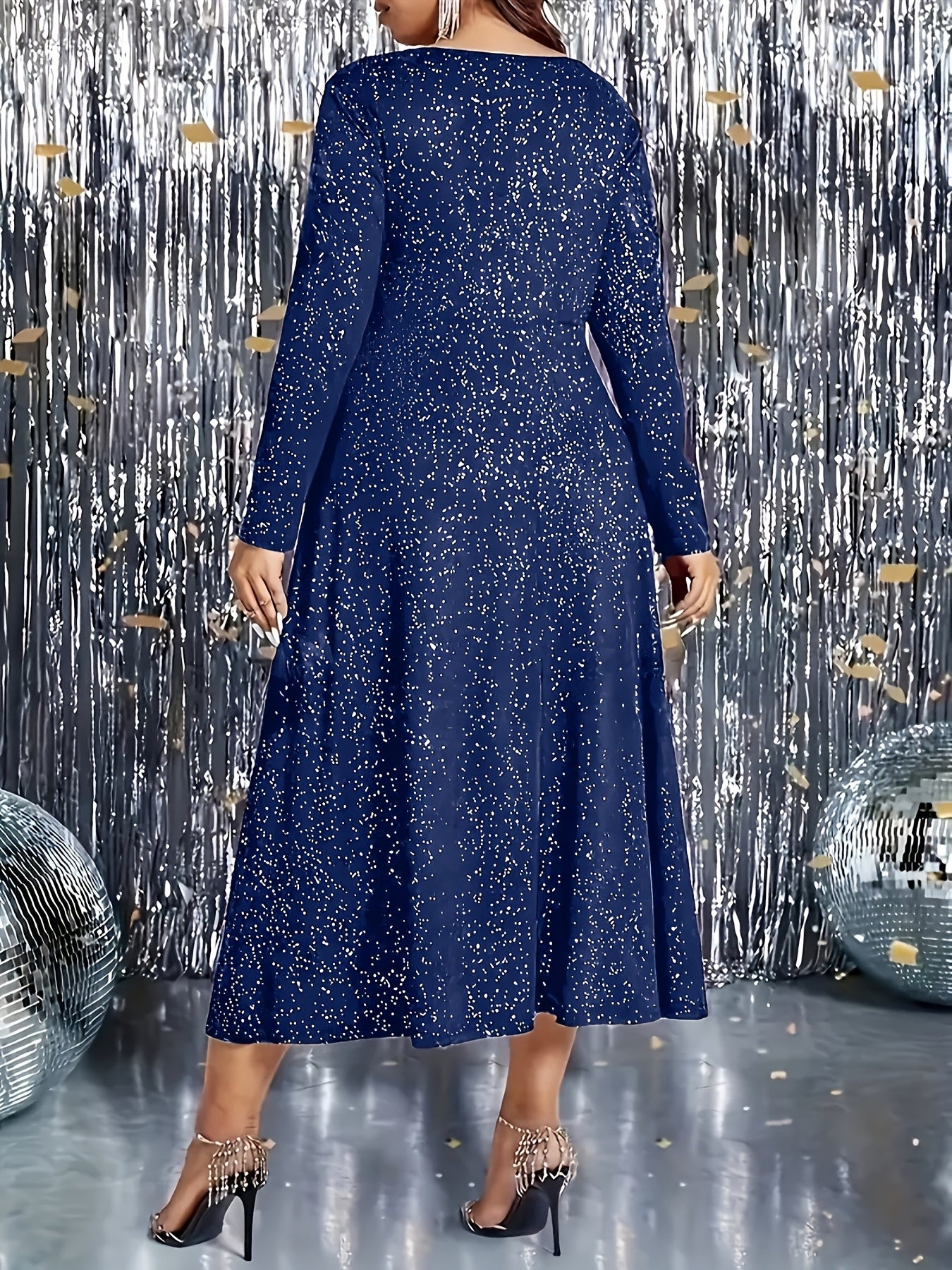 Платье большого размера с длинным рукавом и блестками с рюшей на подоле для вечера и свидания
