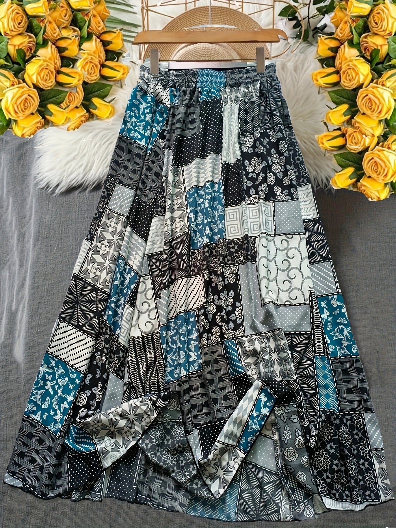 Women's Plus Size Maxi Skirt Elastic Waist Patchwork Flowing Skirt