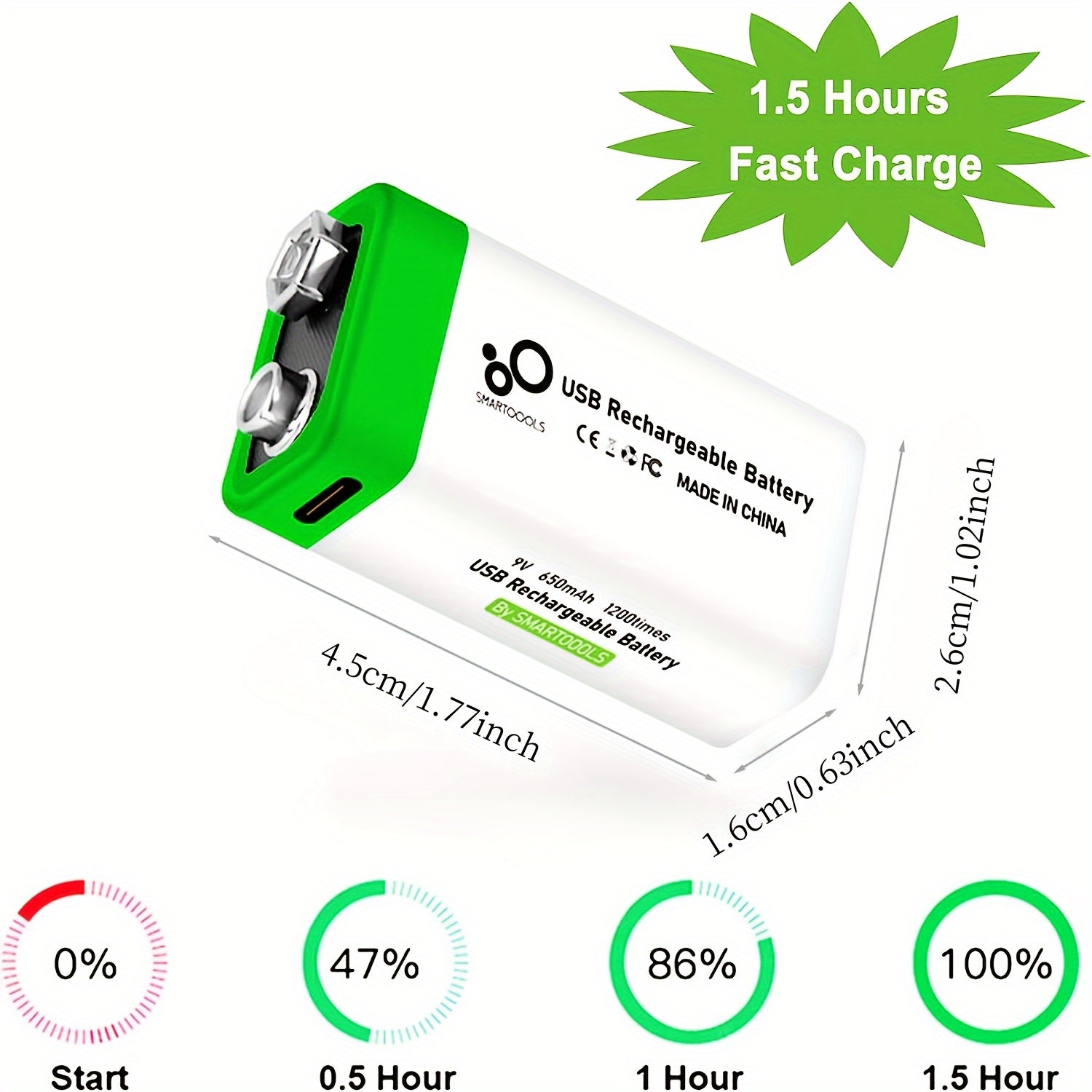 9V Lithium Polymer Rechargeable Battery 650mAh Fast Charging USB Type C