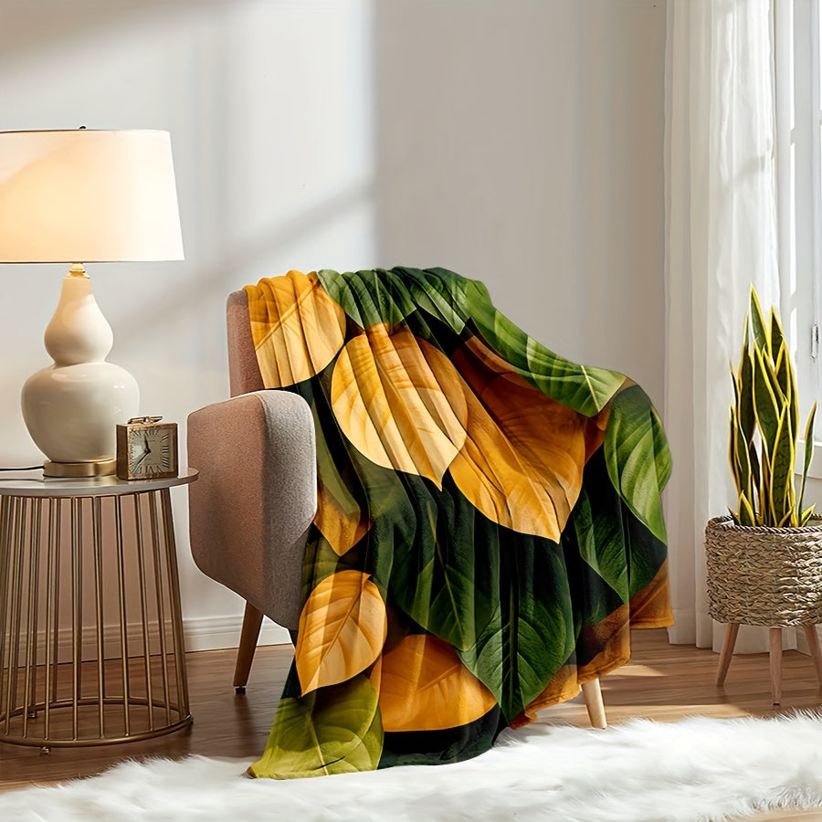 3D Leaf Print Flannel Blanket for Sofa Bed Travel Cozy Throw