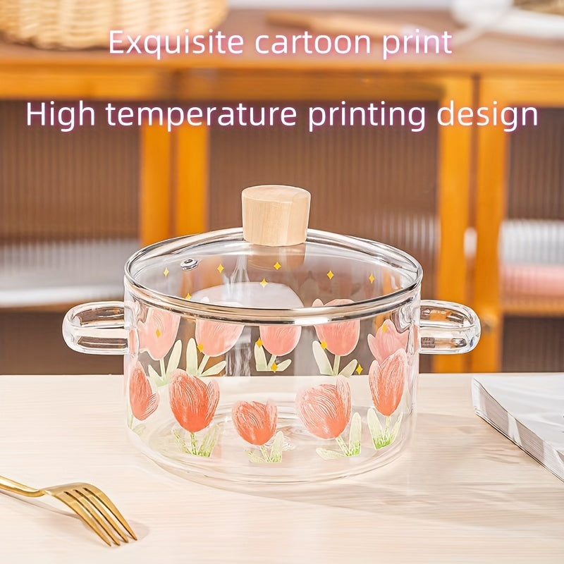 Glass Soup Pot with Tulip Print, Heat-Resistant Pad, 5 Sponge Brushes, Non-Stick, Electric Stove Compatible