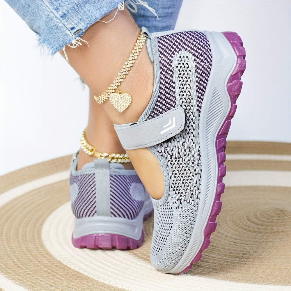 Women's Breathable Knit Sneakers Casual Low-Top Running Shoes with Hook-and-Loop