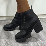 Women's Faux Leather Western Ankle Boots with Chunky Heel and Lace-Up Design
