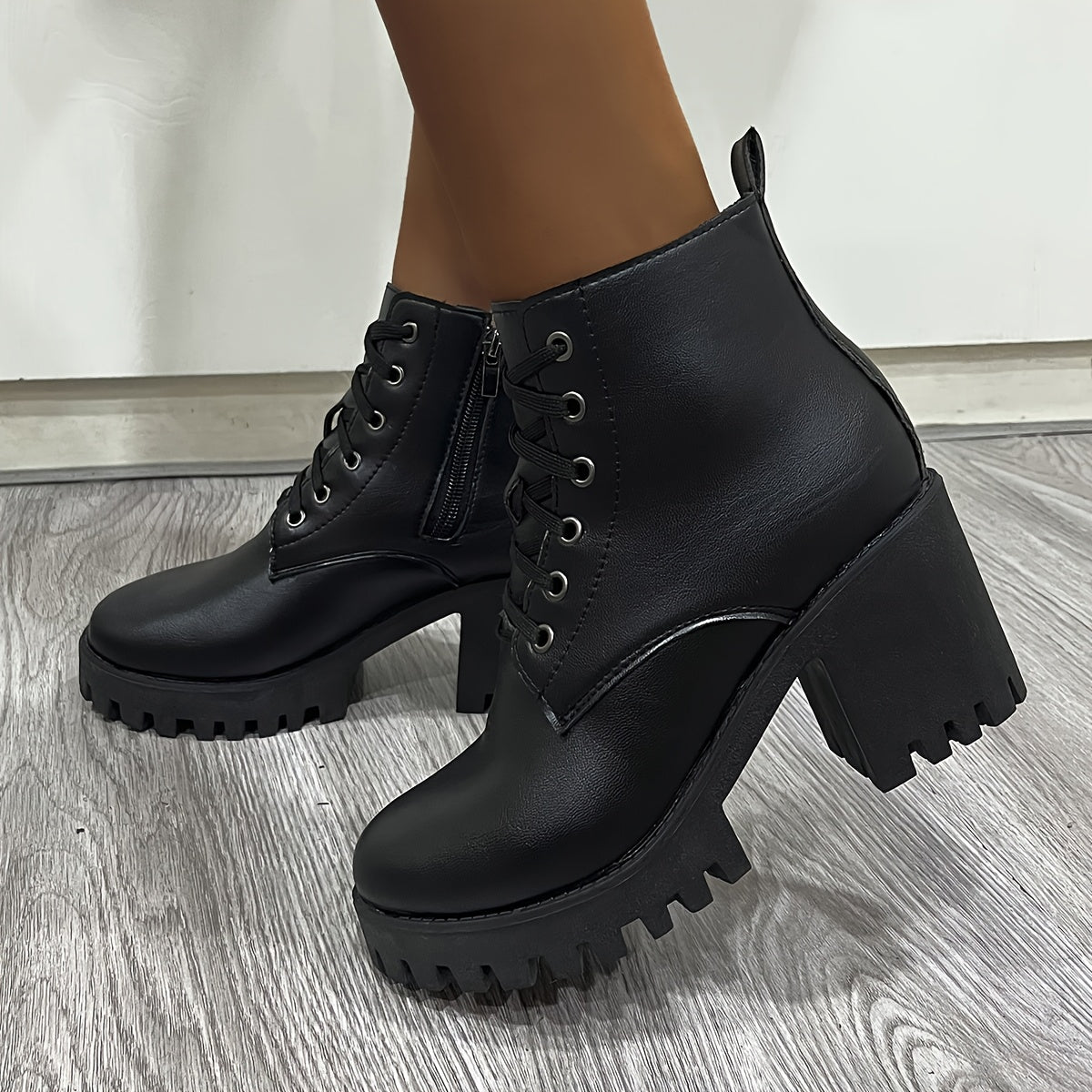Women's Faux Leather Western Ankle Boots with Chunky Heel and Lace-Up Design