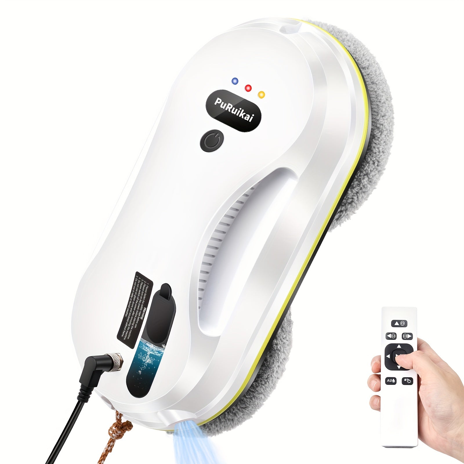 Remote-controlled Smart Window Cleaning Robot uses Dual Power (Rechargeable Lithium Battery), operates quietly at 65dB, and is suitable for homes with 220-240V power supply.