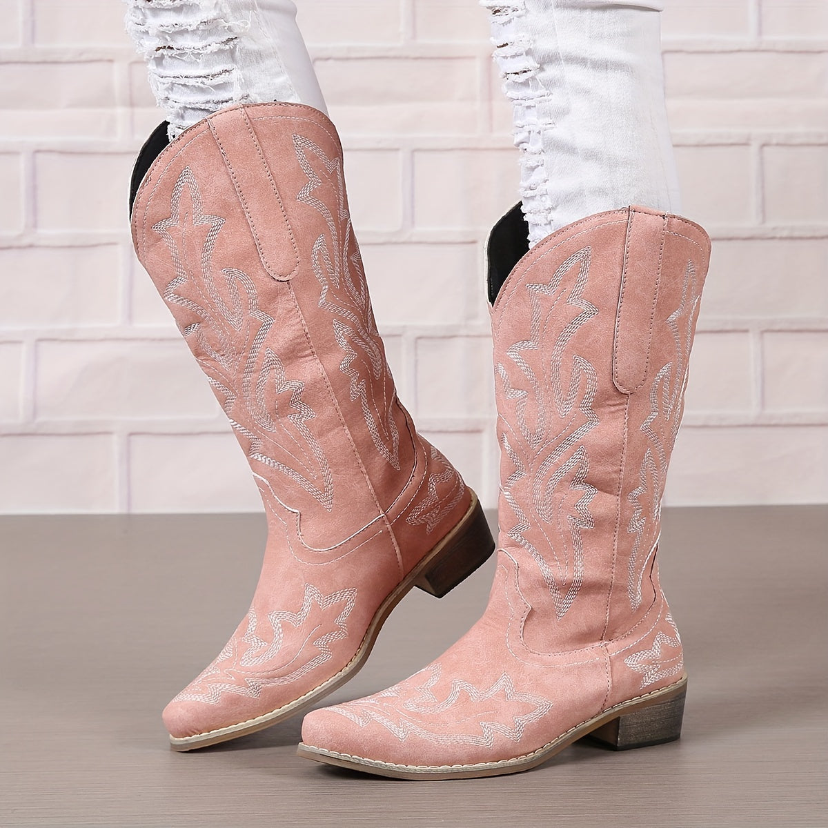 Women's Mid Calf Leather Western Cowboy Boots With Embroidery