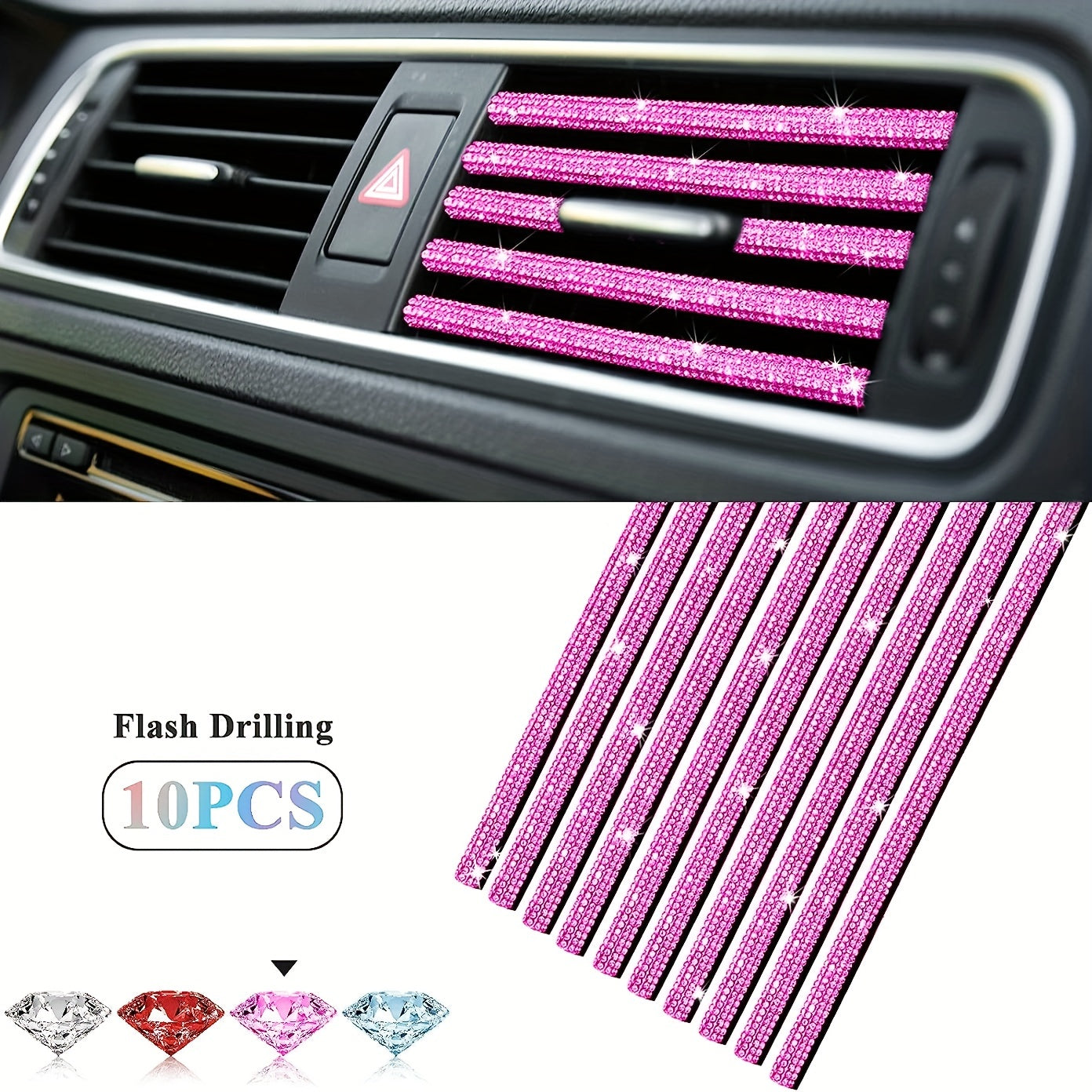 10pcs Pink Rhinestone Car Vent Trim Strips Durable Plastic Air Conditioner Outlet Decorations