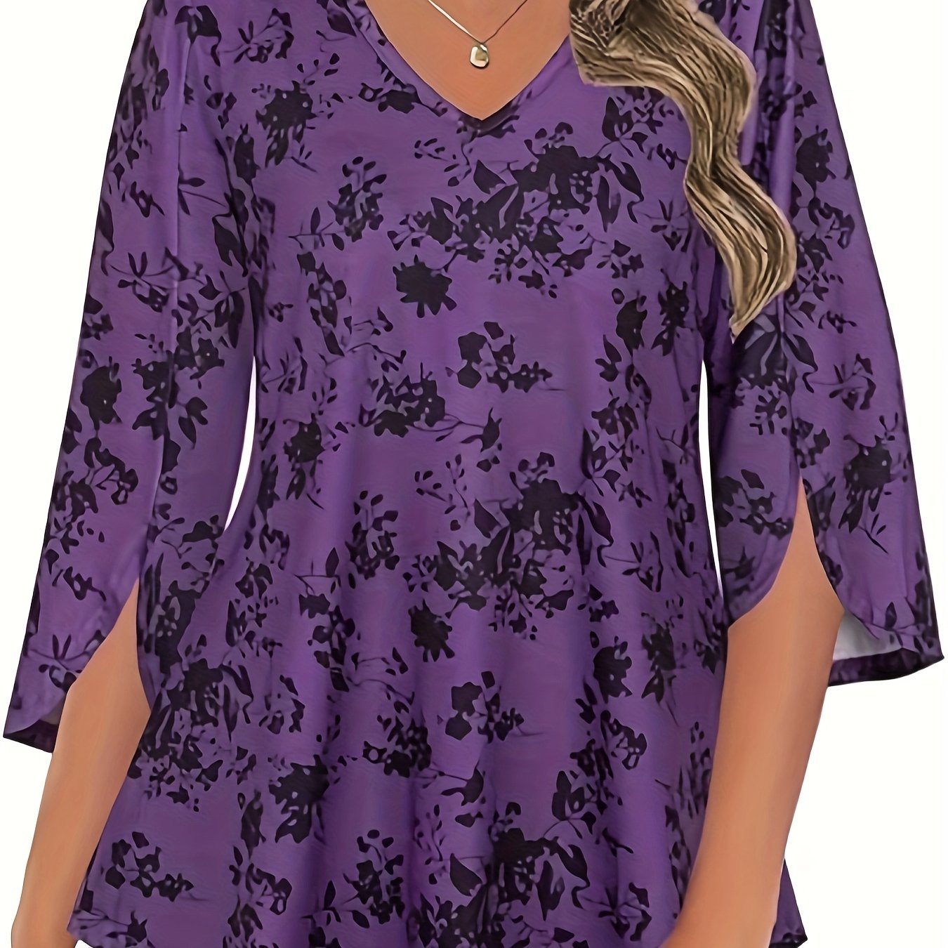 Women's V-Neck Longline Blouse with Floral Print, 3/4 Sleeves, Casual Fit