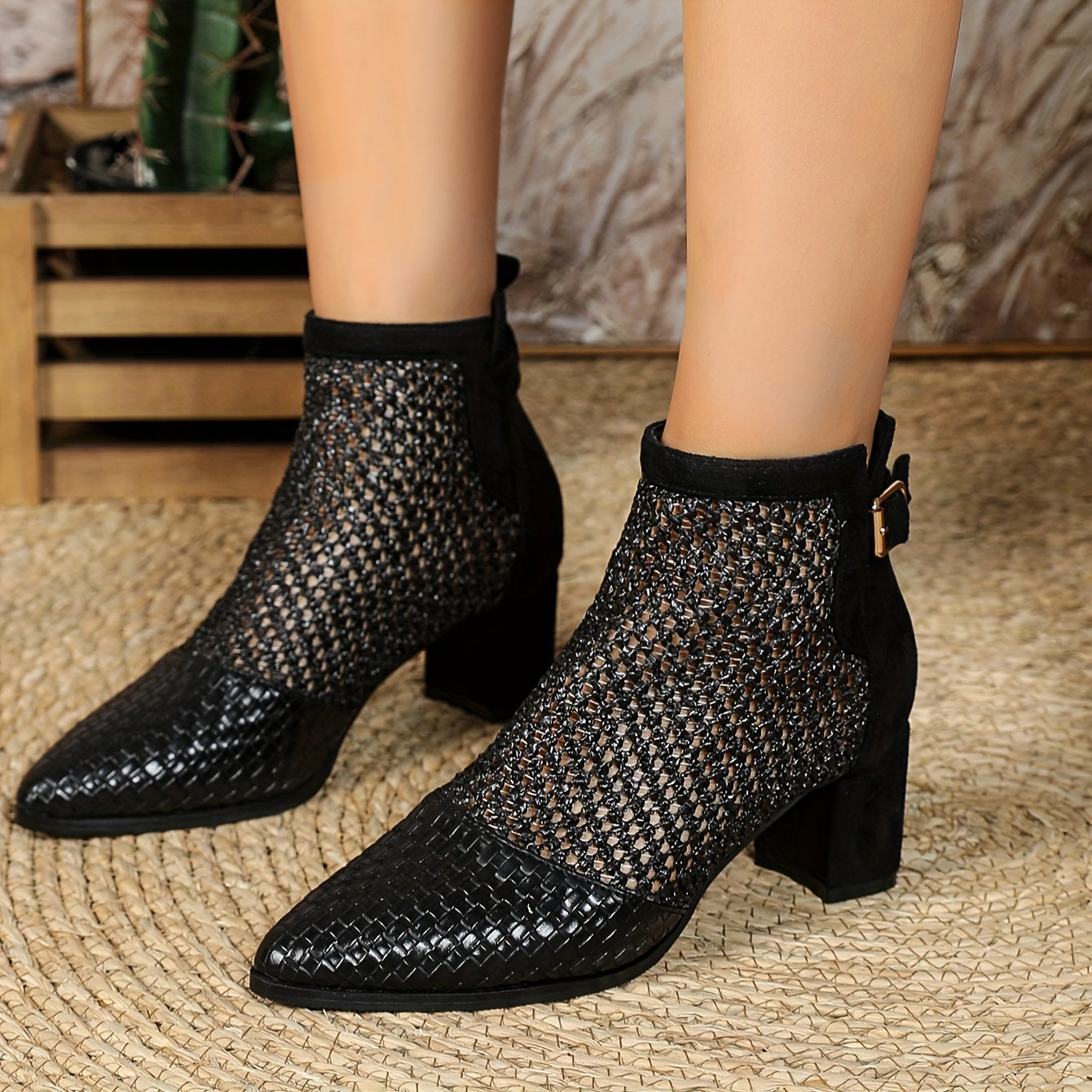 Ladies Brown and Black Synthetic Pointed Toe Mid Heel Casual Shoes