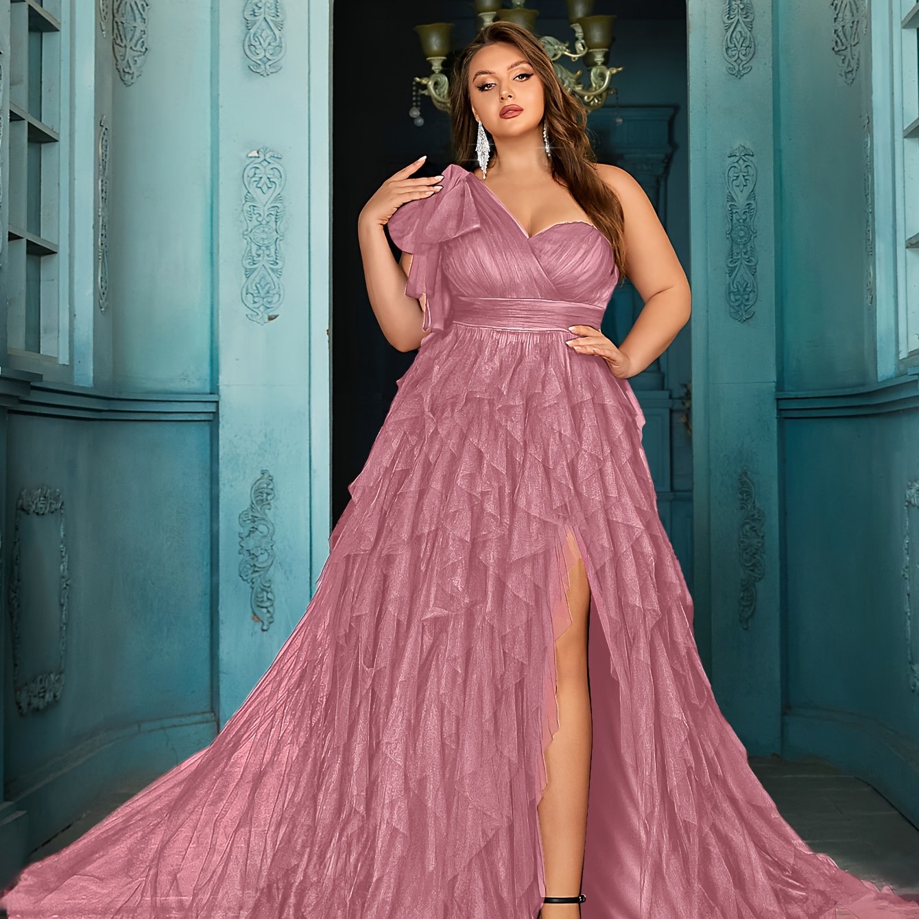 Plus Size Green Gown with Ruffled Sleeves and Layered Skirt for Formal Events