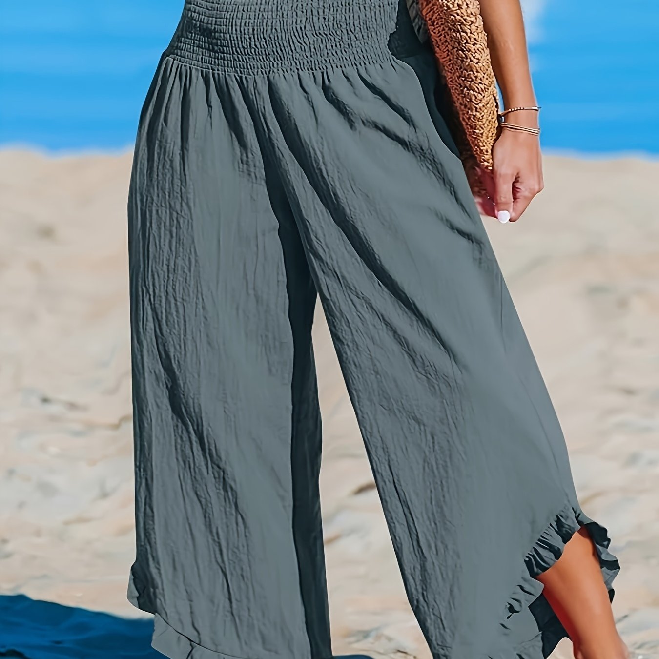 Women's Plus Size High-Waisted Wide Leg Pants Solid Color Ruched Non-Stretch All-Season