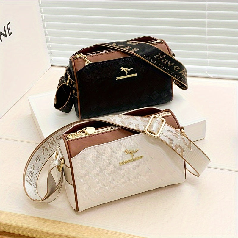 Women's Faux Leather Argyle Crossbody Bag Zipper Adjustable Strap White Black