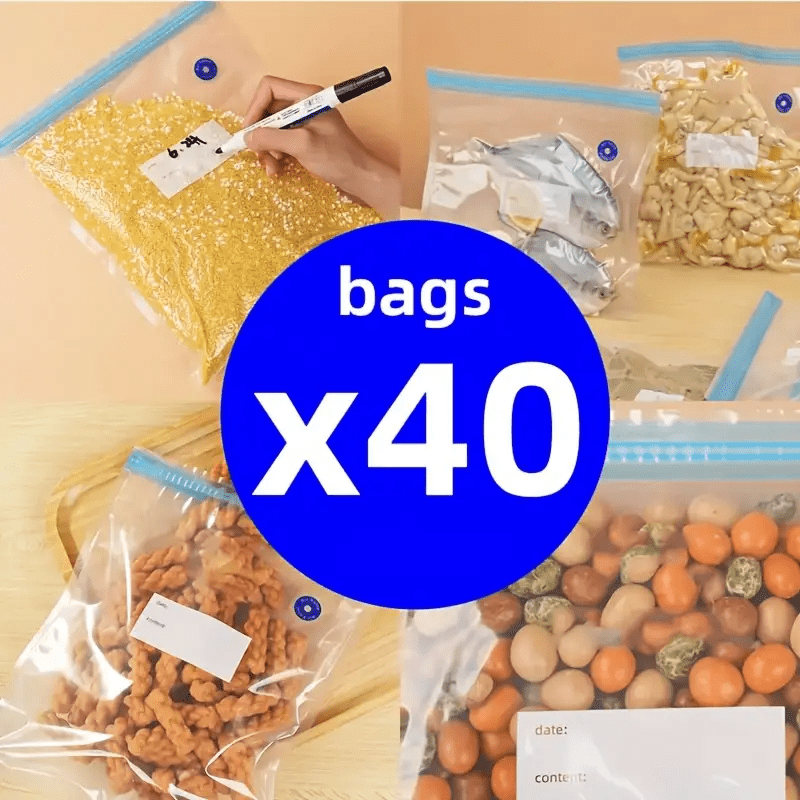 40 Pieces Reusable Vacuum Sealer Bags with Blue Zippers for Food Storage Airtight PE+PA