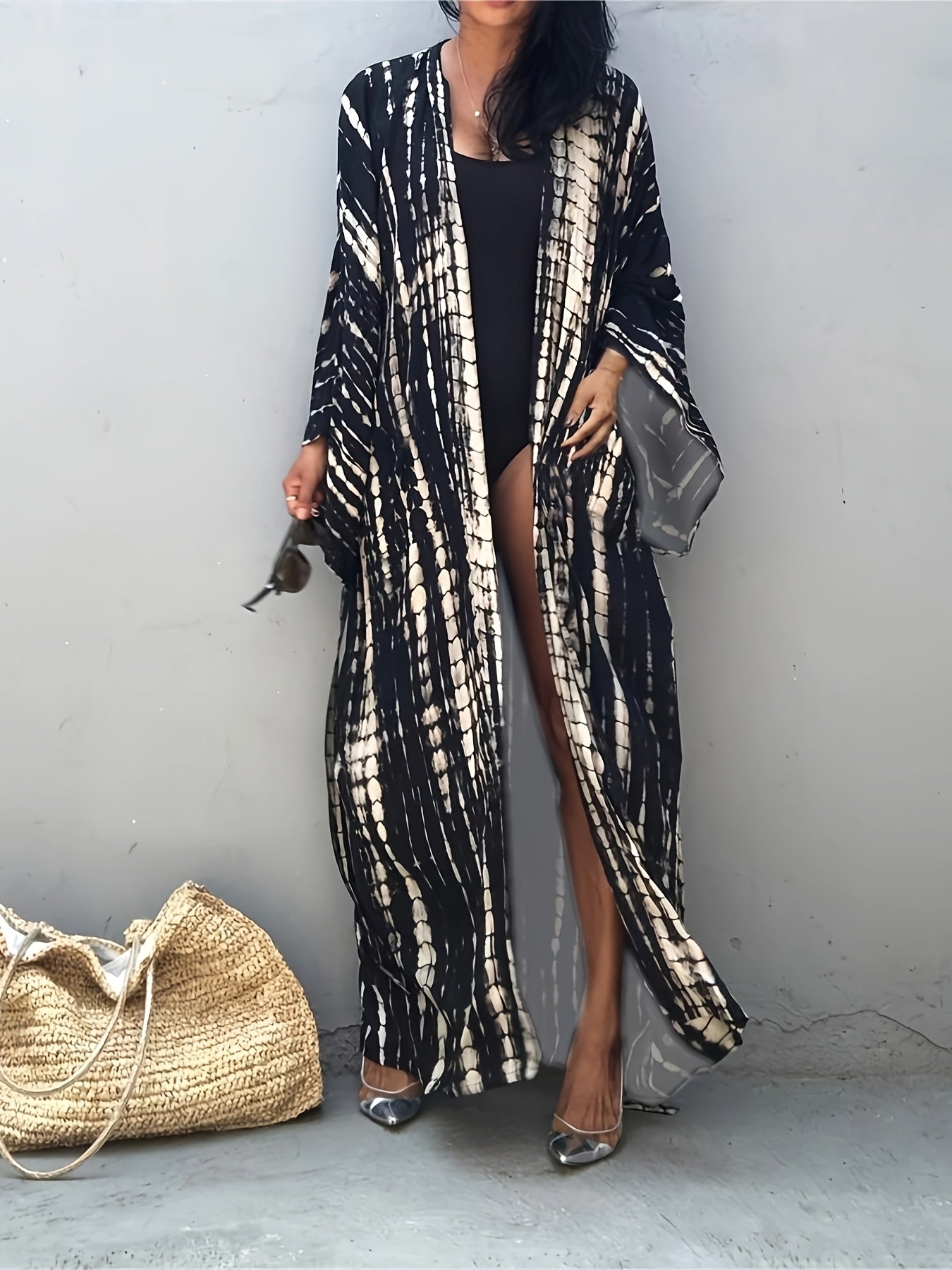Kimono boho de viscosa para mujer con estampado a rayas, abertura frontal y cinturón para vacaciones en la playa
