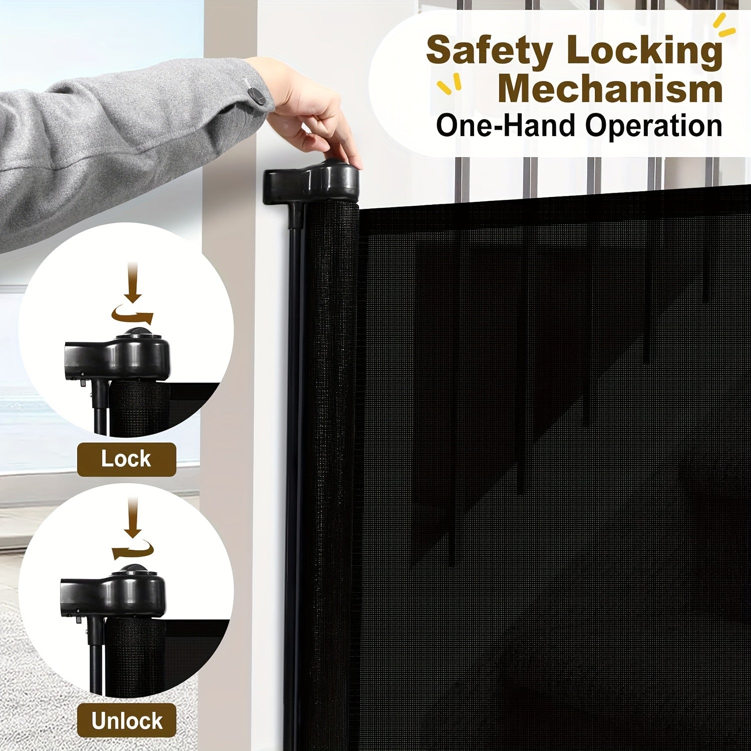 Puerta de seguridad para bebés con malla retráctil extra ancha, para niños y mascotas, de 86cm de altura