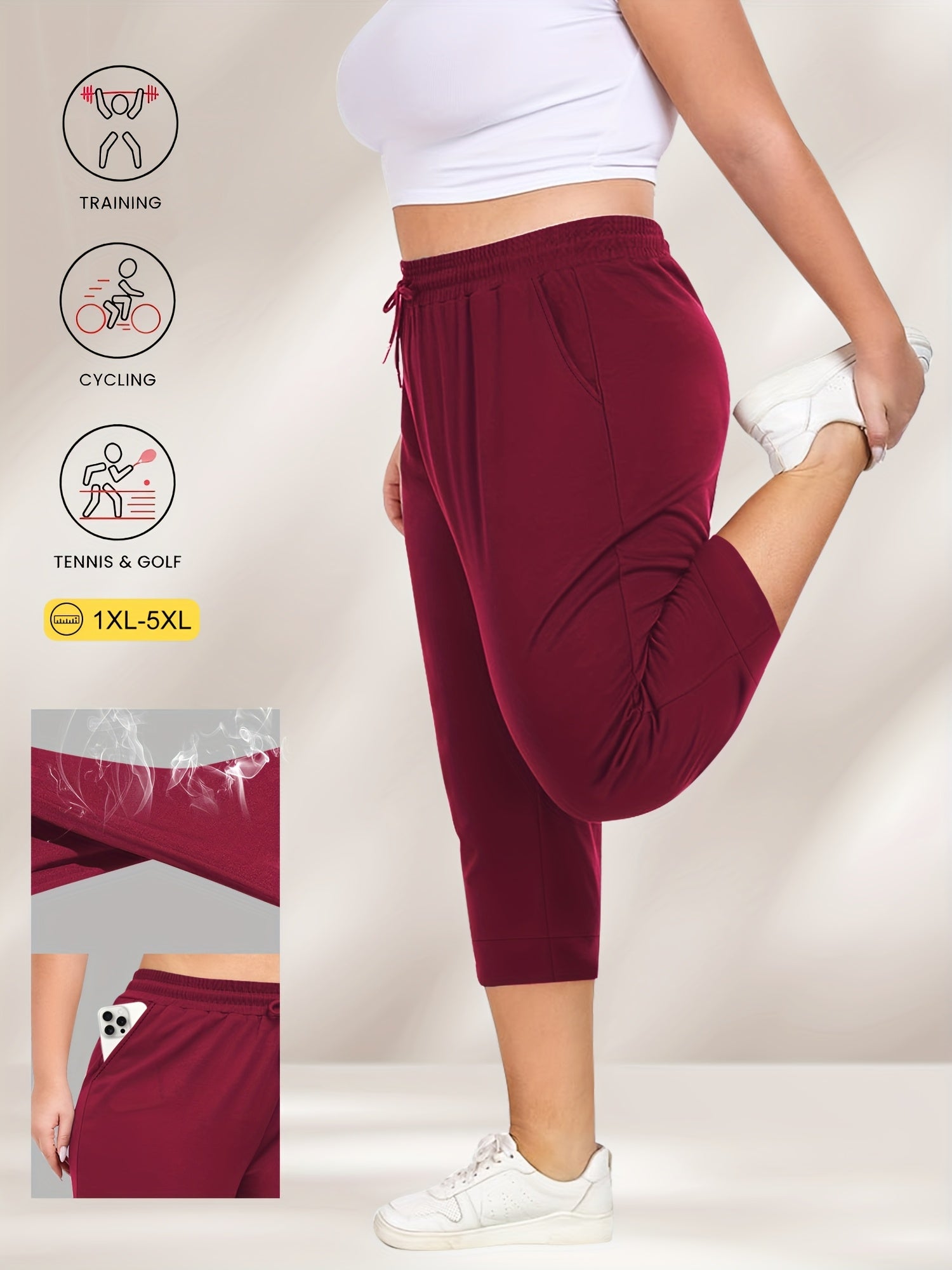 Women's Plus Size Drawstring Capri Jogger Pants Casual Loose Fit Four-Way Stretch