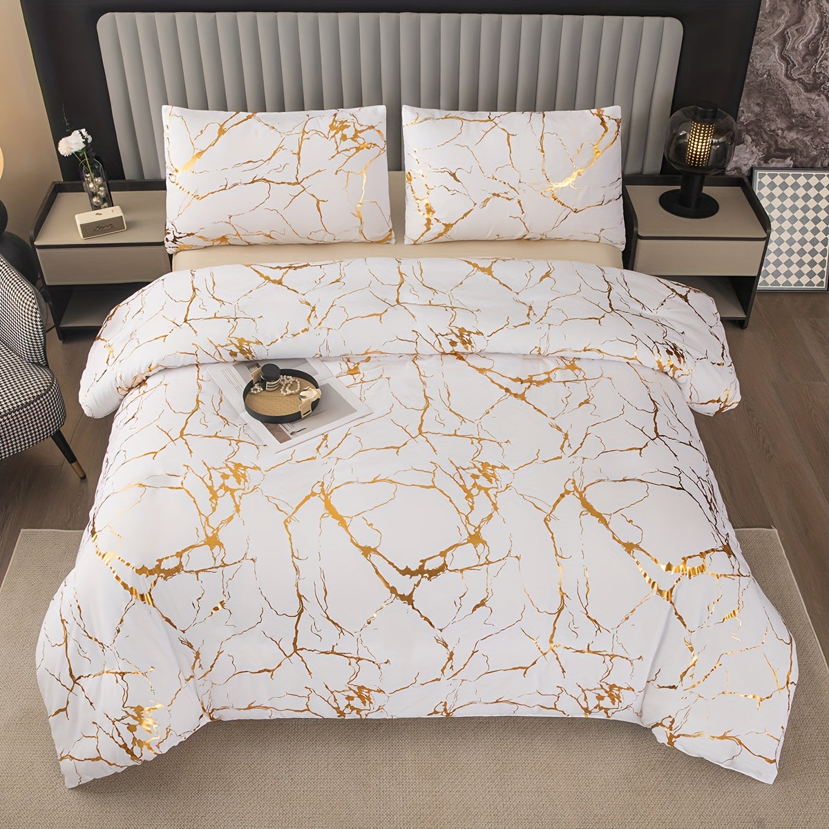 Elegant Marble Pattern Bedding Set in Pink Gray Green Blue Purple Washable Ultra-fine Fiber Duvet Cover 2-3 Piece