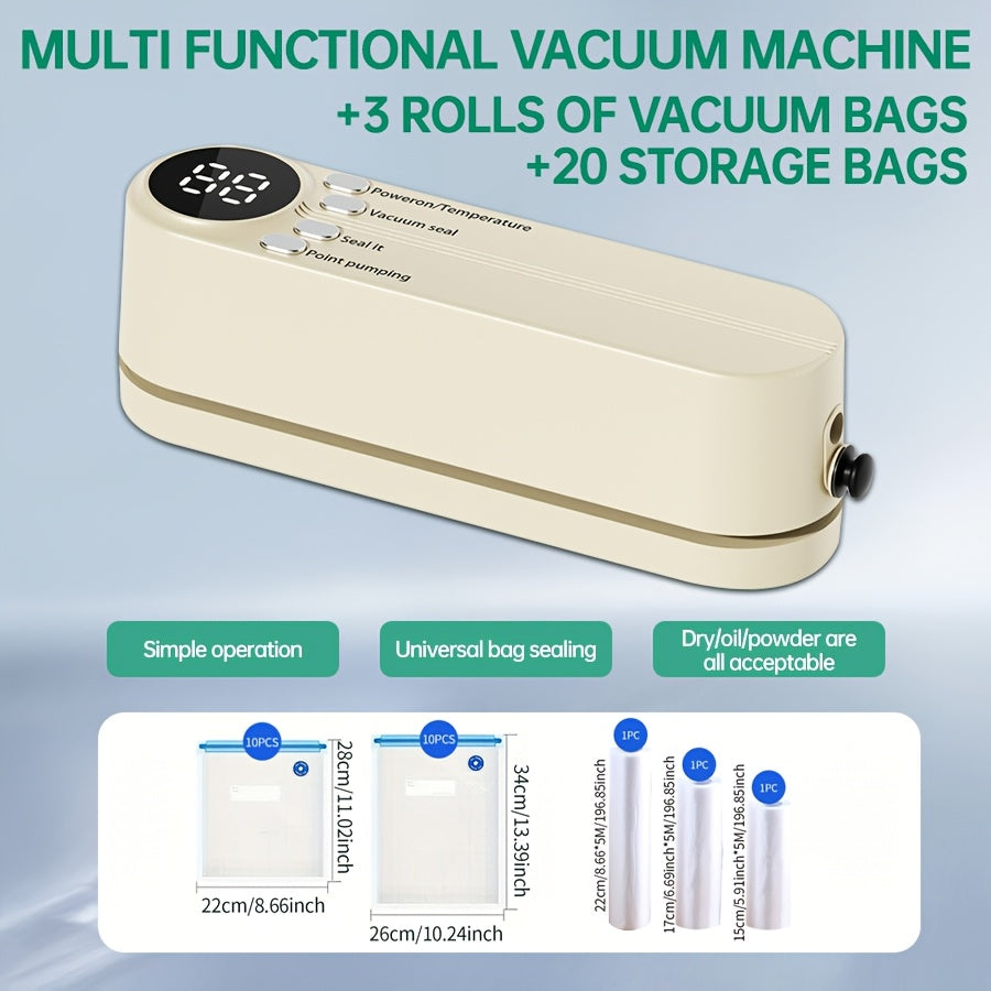 Kompakt JKUOO Portativ Oziq-ovqat Yopish Qurilmasi to'plami USB bilan qayta zaryadlanadigan, avtomatik atıştırmalık yopish tizimi bilan 20 ta fermuarlı sumka, 3 ta rulonli vakuum sumkalarini o'z ichiga oladi. Oshxona va tashqaridagi pikniklar uchun ideal.