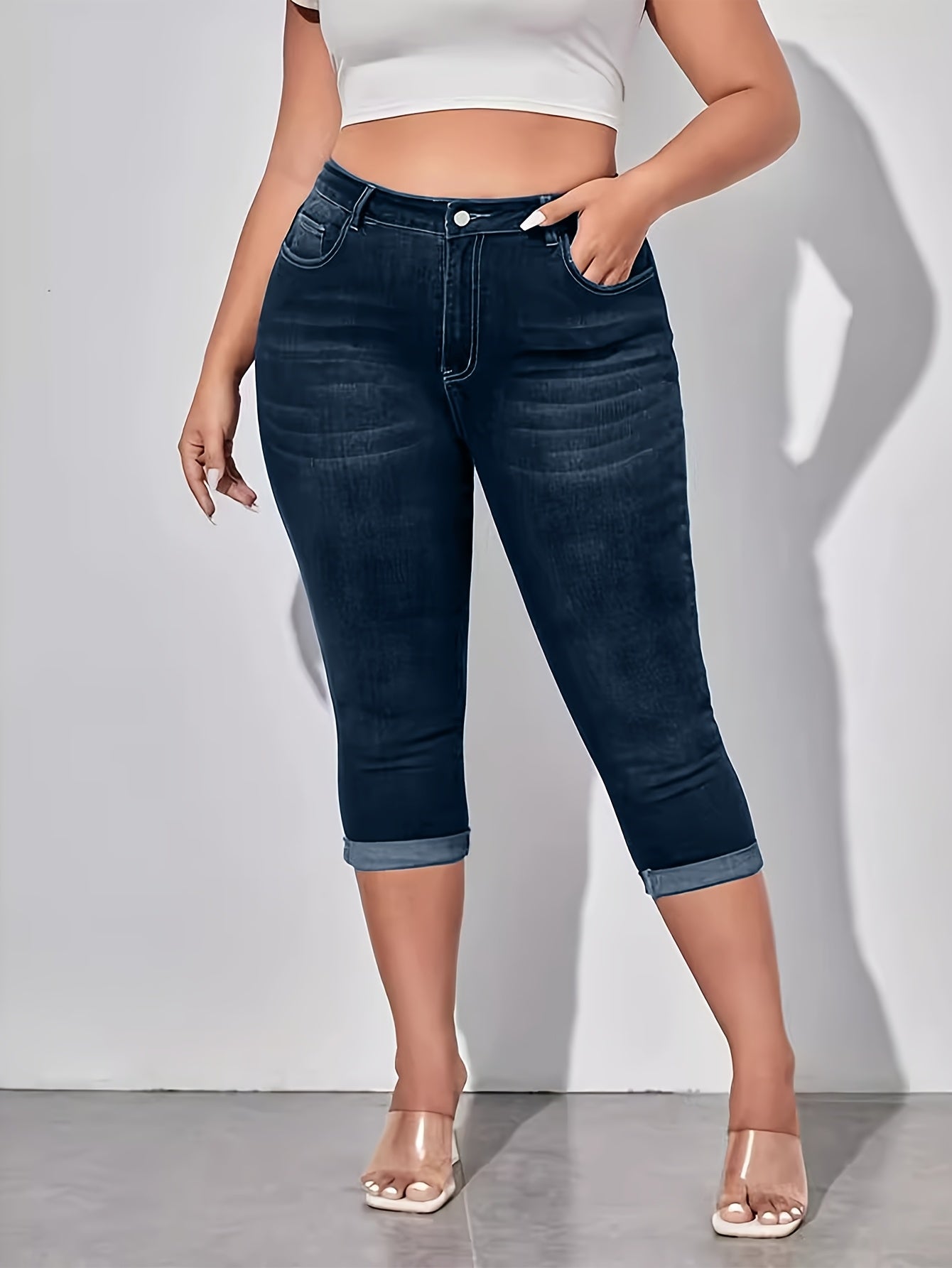 Jeans de mezclilla azul elásticos de talla grande para mujer, de tiro alto y ajuste delgado