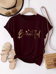 Women's Loose Fit Letter Print T-Shirt Crew Neck Short Sleeve Polyester Knit Spring Summer Autumn