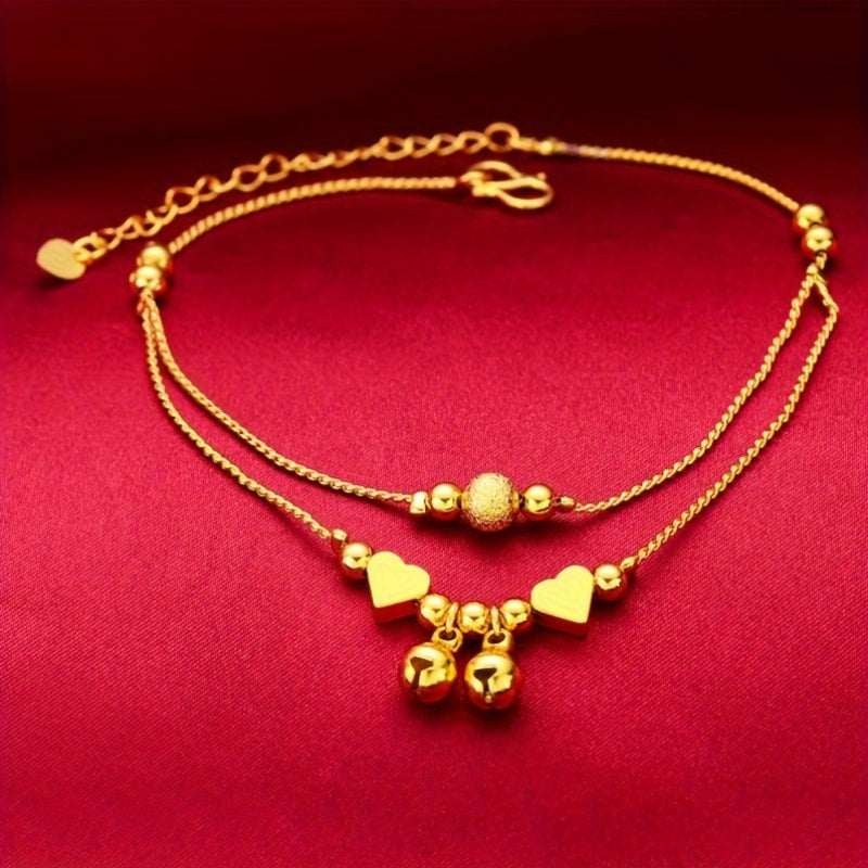 Gold Plated Double Strand Anklet for Women with Heart Charms and Bells