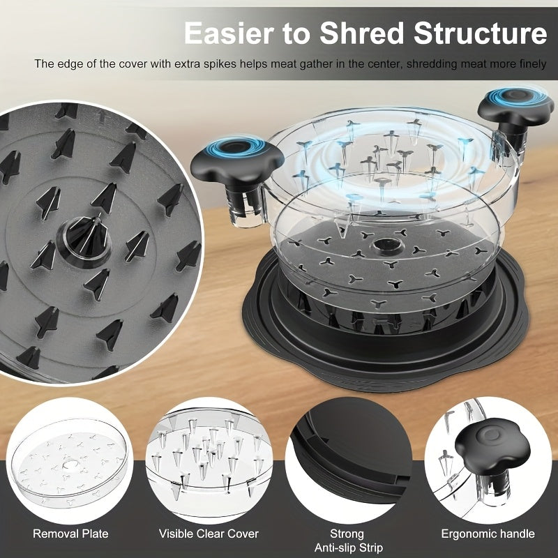 Tirnoqli qo‘l bilan burilish tutqichli go‘sht maydalagich, tovuq ko‘krak uchun. Tozalash oson va issiqlikka chidamli, yopishqoq bo‘lmagan asos bilan. Ko‘rish uchun shaffof qopqoq.