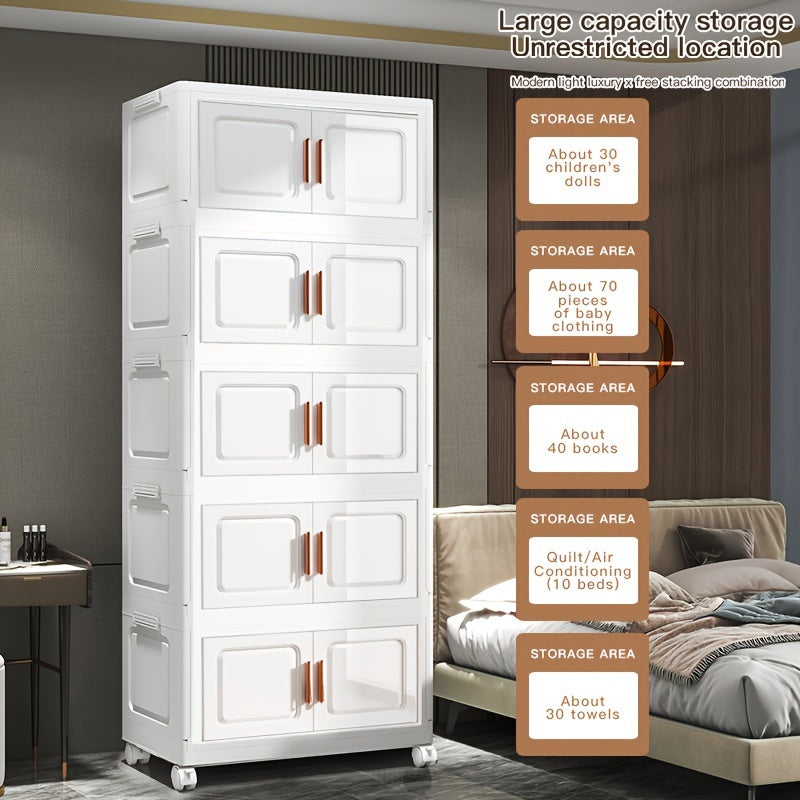 Складной органайзер для хранения PP с колесами, двойными дверцами и многоуровневыми полками