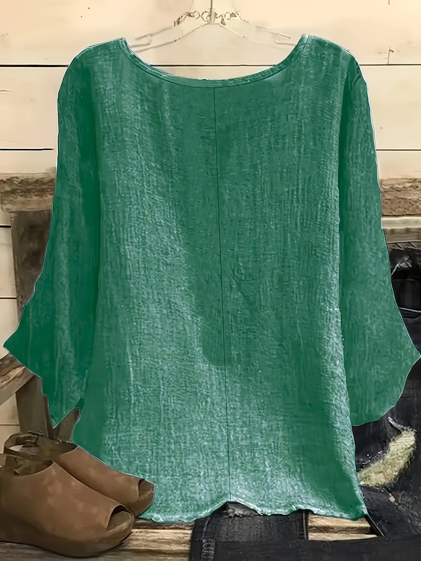 Camiseta de manga larga para mujer talla plus, de cuello redondo, de color sólido, ajuste holgado y relajado