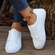 Women's White Low Top Sneakers Lace Up Comfortable Athletic Shoes