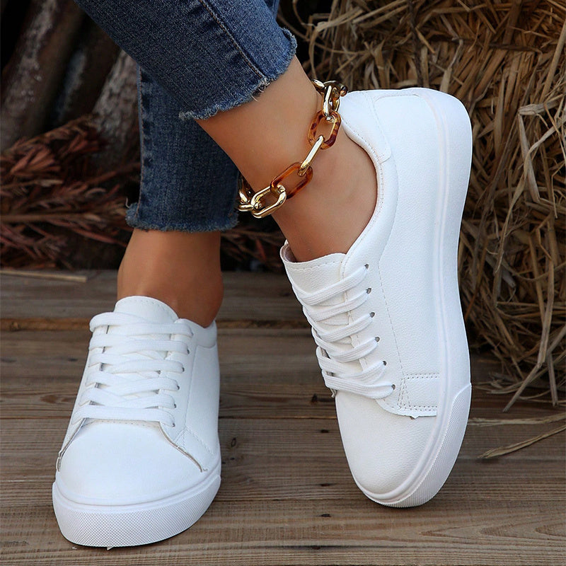 Women's White Low Top Sneakers Lace Up Comfortable Athletic Shoes