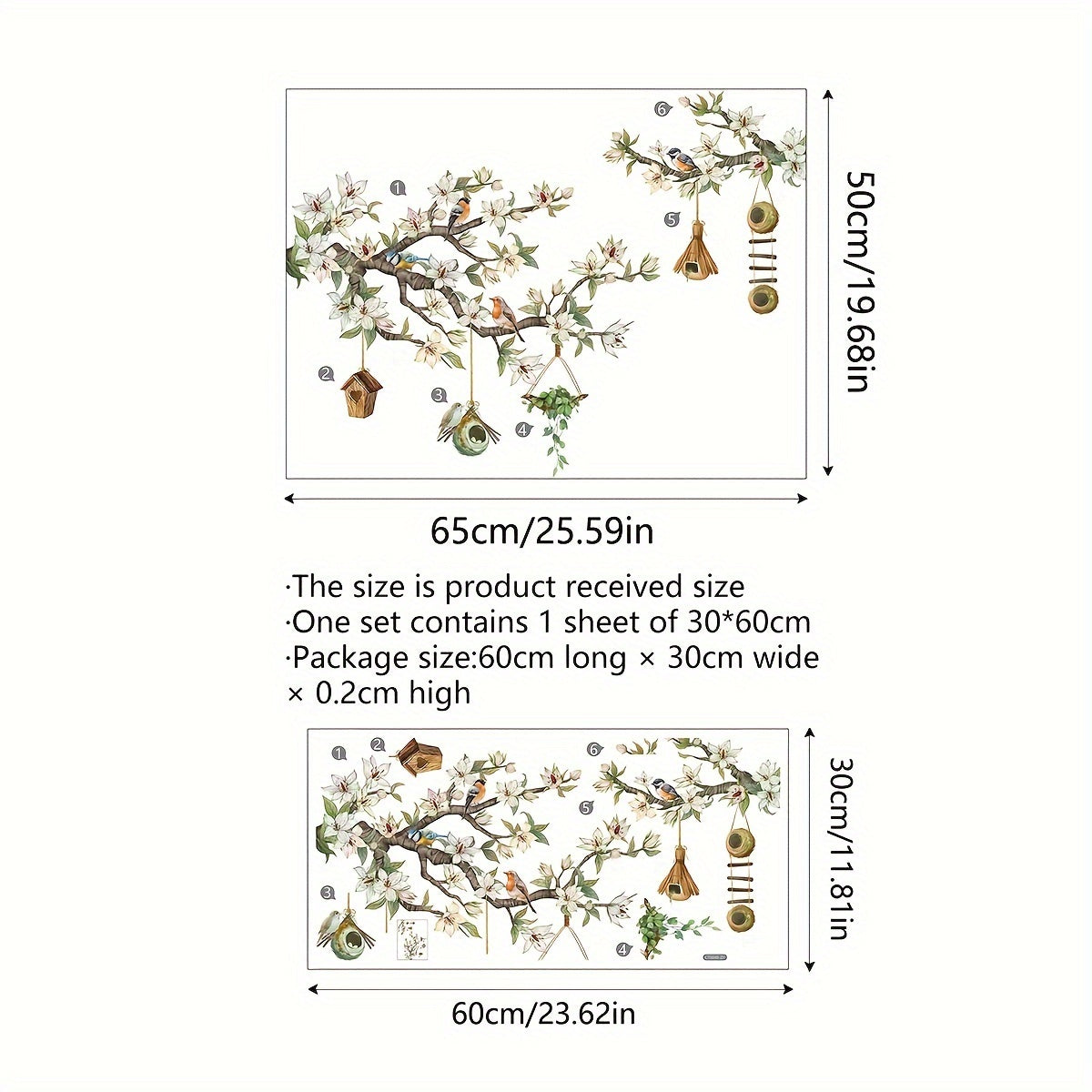 Double-Sided Glass Window Decal Wall Sticker with Bird and Floral Design