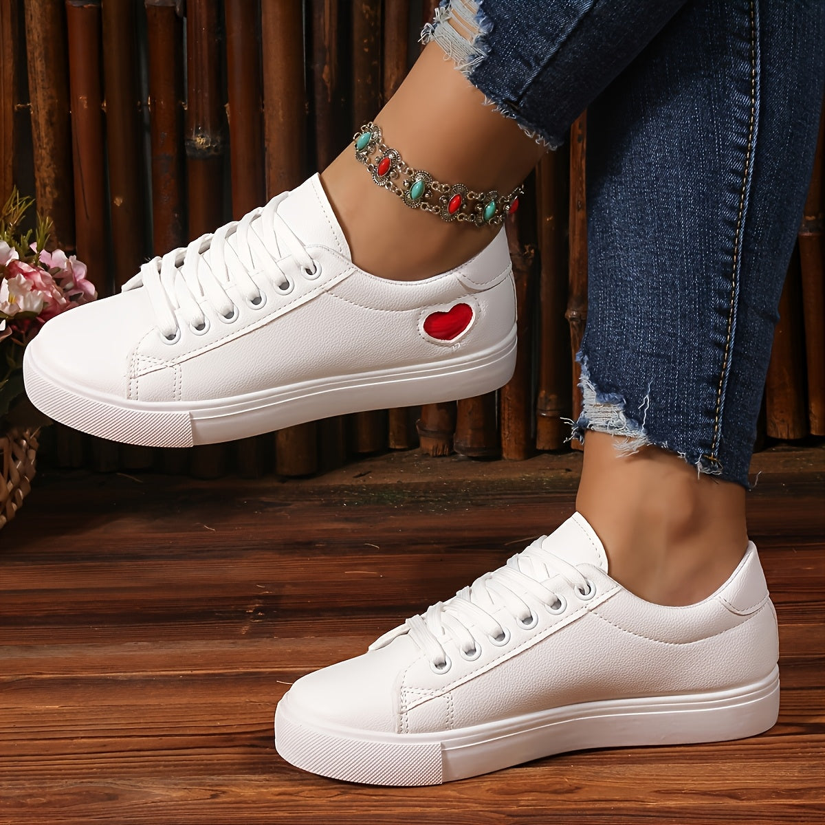 Women's Casual White Synthetic Sneakers with Rose Gold Accents