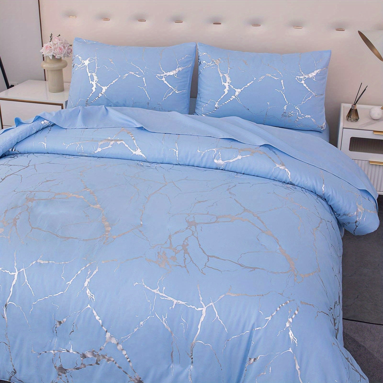 Elegant Marble Pattern Bedding Set in Pink Gray Green Blue Purple Washable Ultra-fine Fiber Duvet Cover 2-3 Piece