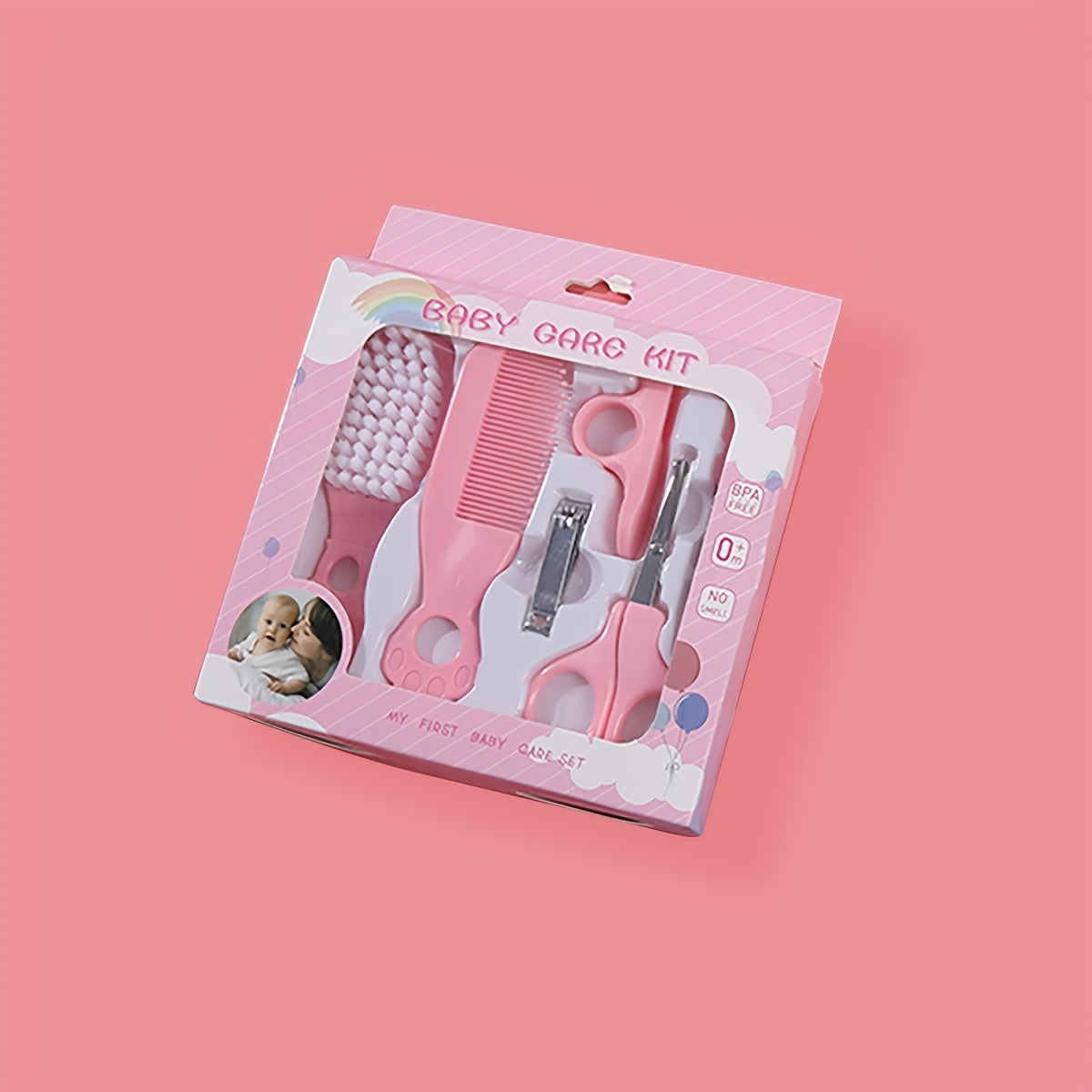 Juego de 6 artículos de cuidado para bebés en una caja con peine, cortaúñas, tijeras, lima de uñas y cepillo