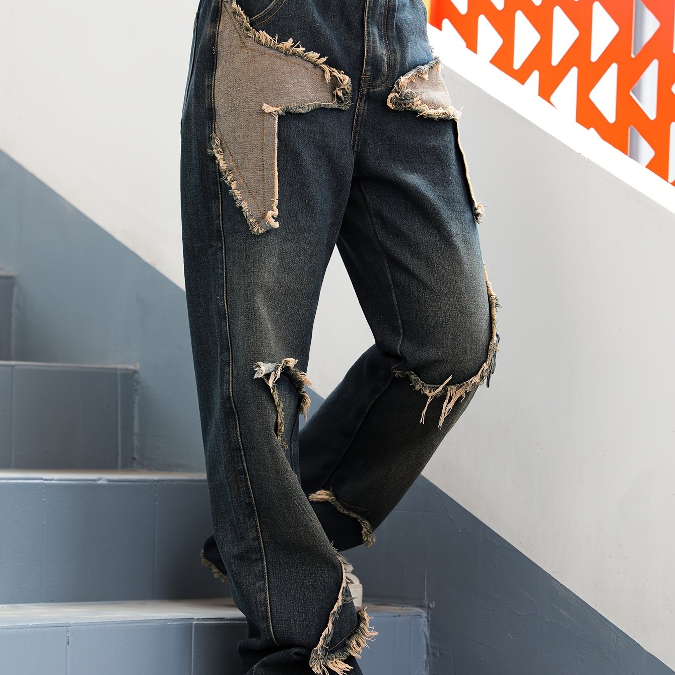 Женские джинсы большого размера с высокой посадкой, мягкий стрейч, цветные блоки и контрастные вставки