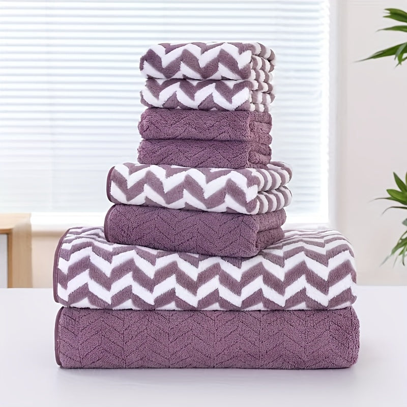 8-Piece Chevron Stripe Polyester Towel Set for Bathroom Spa Hotel Quick-Drying Absorbent
