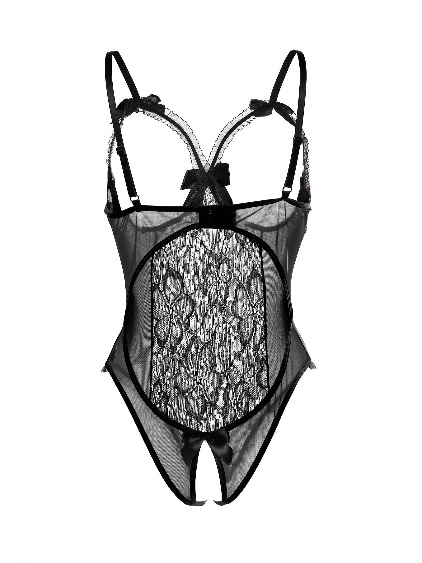 Women's Floral Lace Ruffle Trim Teddy Crotchless Bodysuit Lingerie