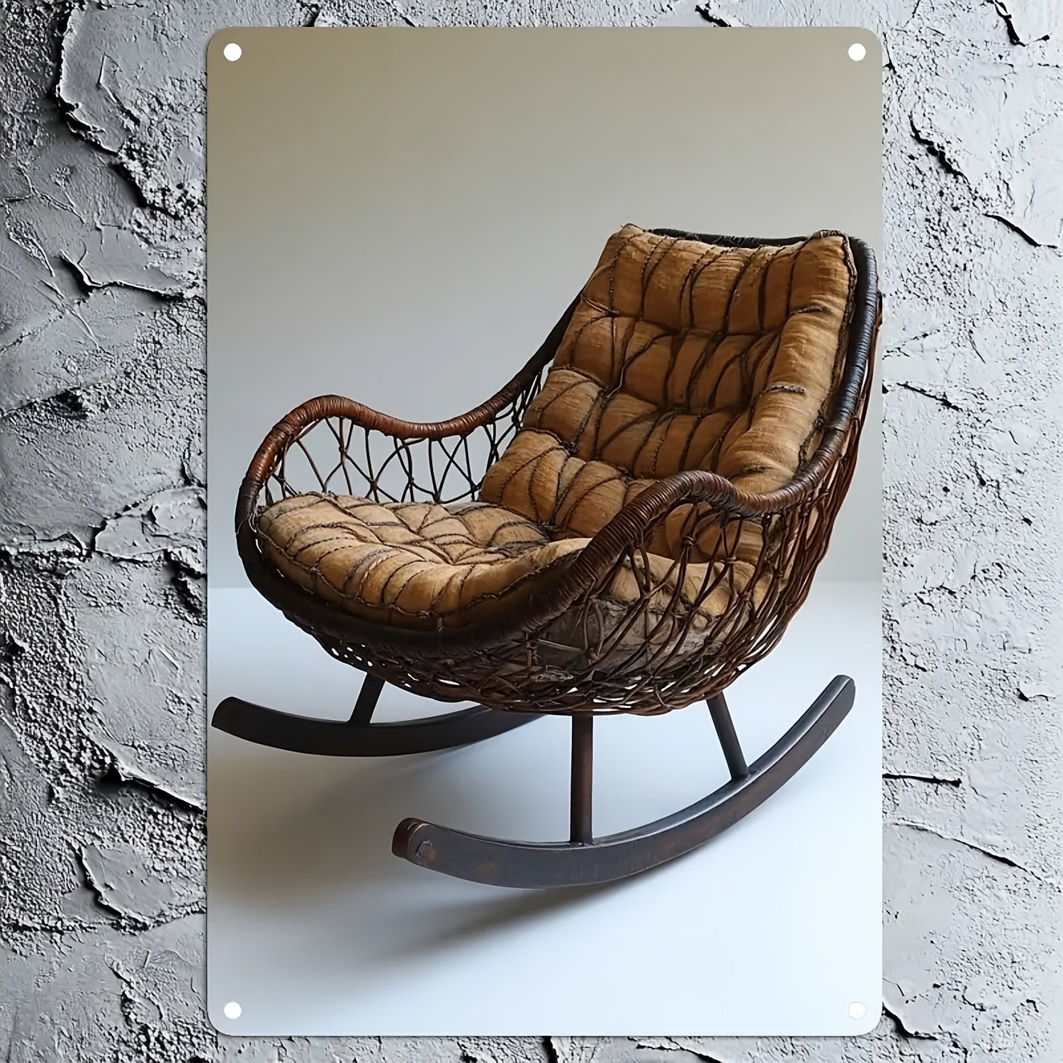Metal and Rattan Wall Decor Rocking Chair Artwork with Upholstery and Wooden Legs