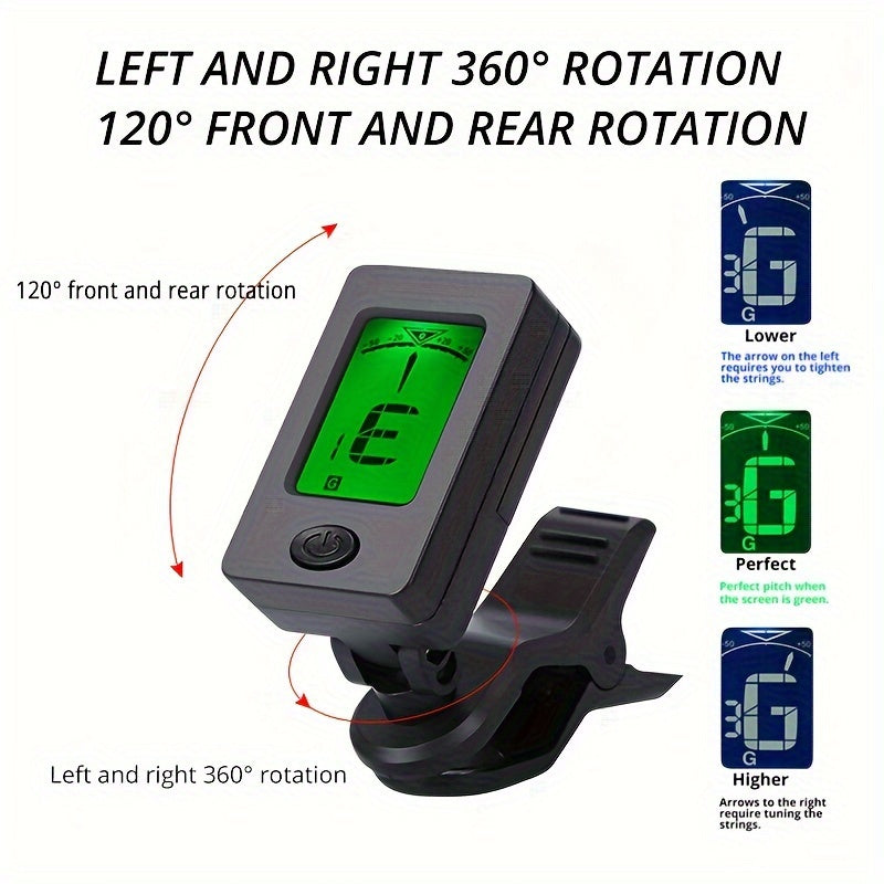 Clip-On Guitar Tuner with Easy-Read Display Accurate 3GHz Range ABS Material Green Indicator