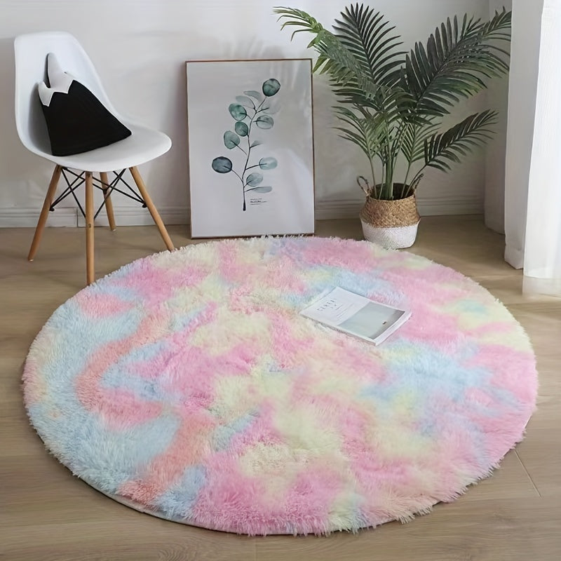 Soft Fluffy Tie-Dye Round Mat 3cm Thick Velvet for Living Room and Bedroom