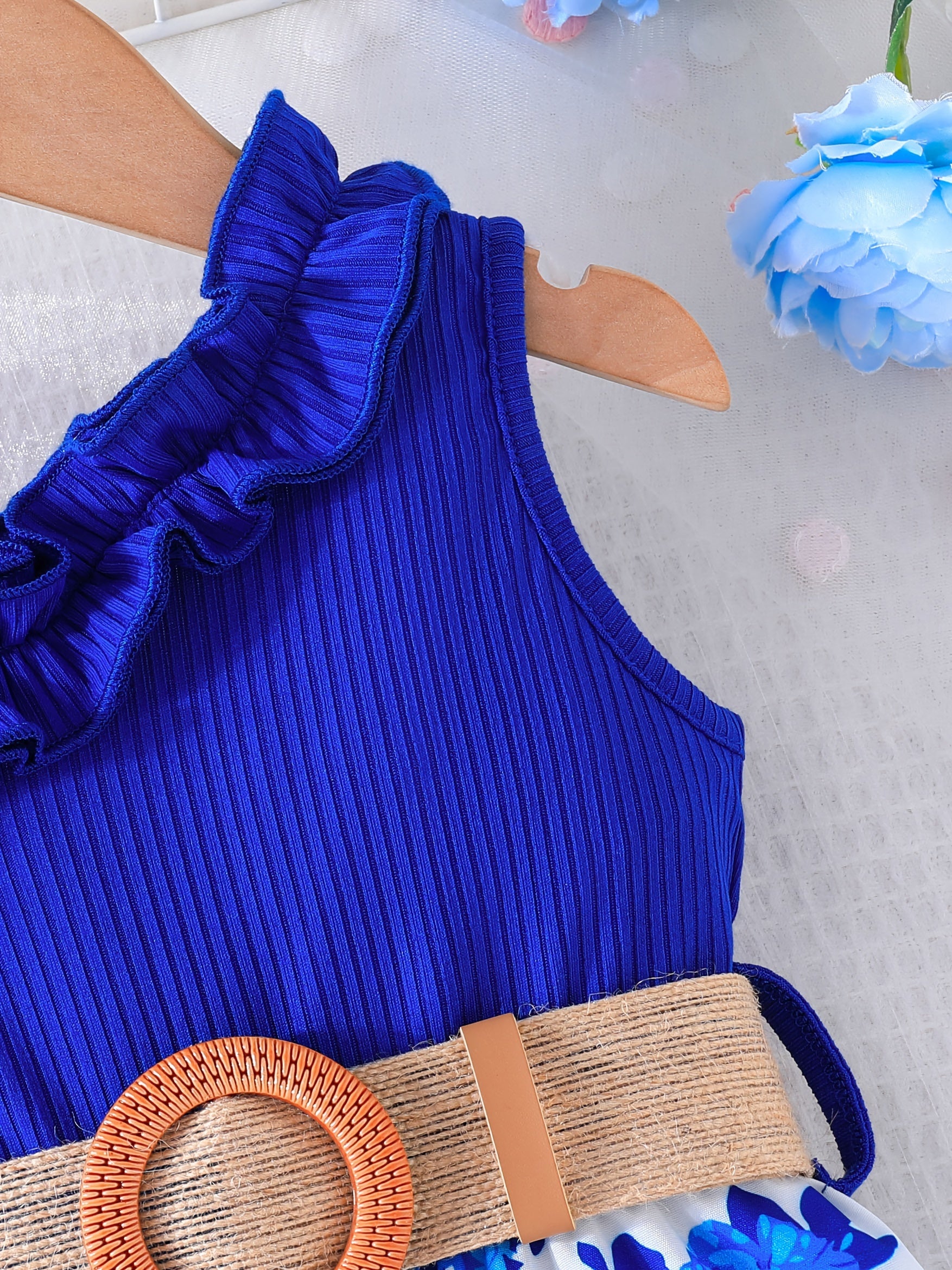 Girls Floral Print Sleeveless Romper with Belt for Spring Summer Outdoor Wear