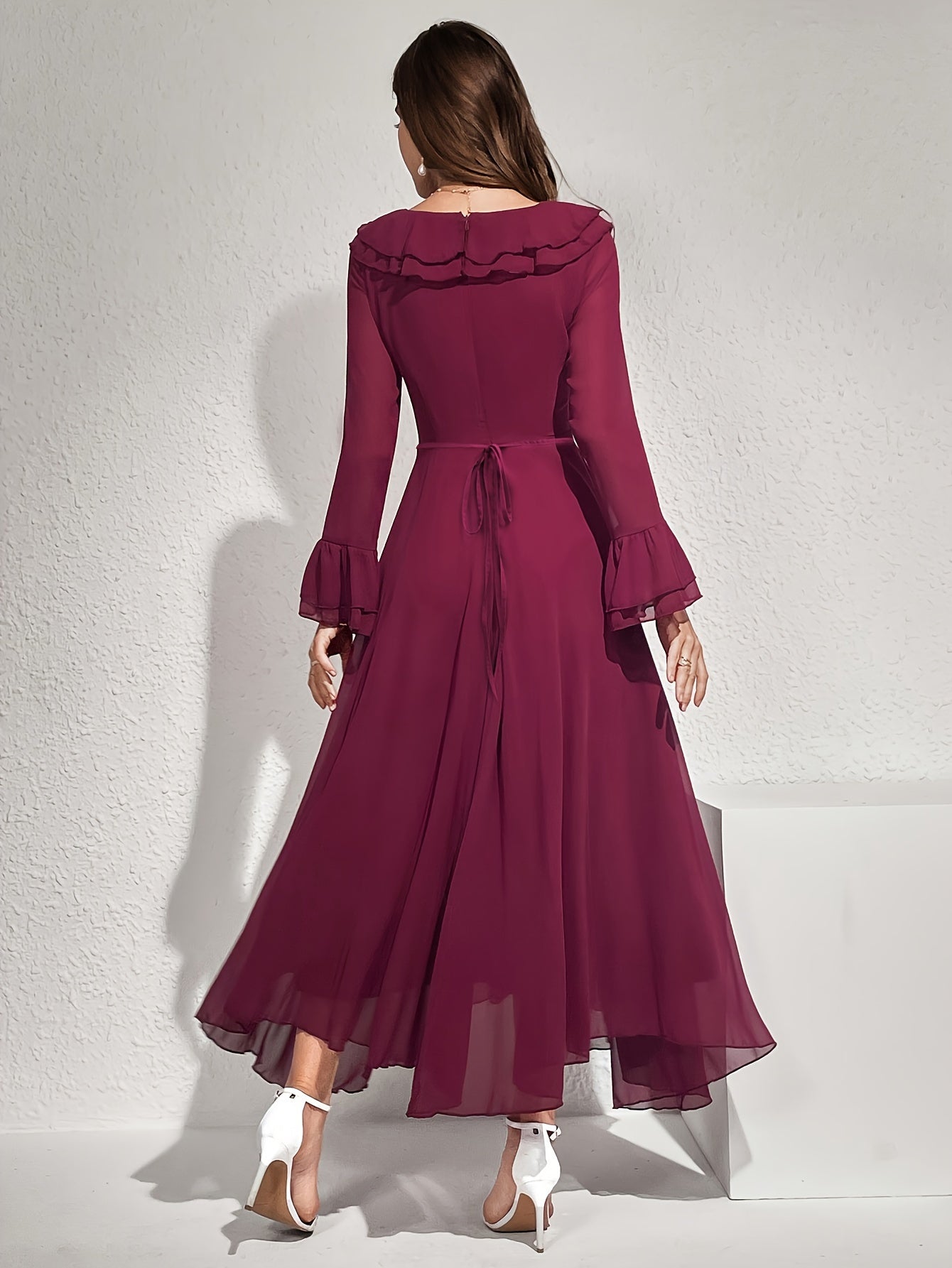 Women's Long Sleeve Polyester Dress with Ruffled Neckline for All Seasons