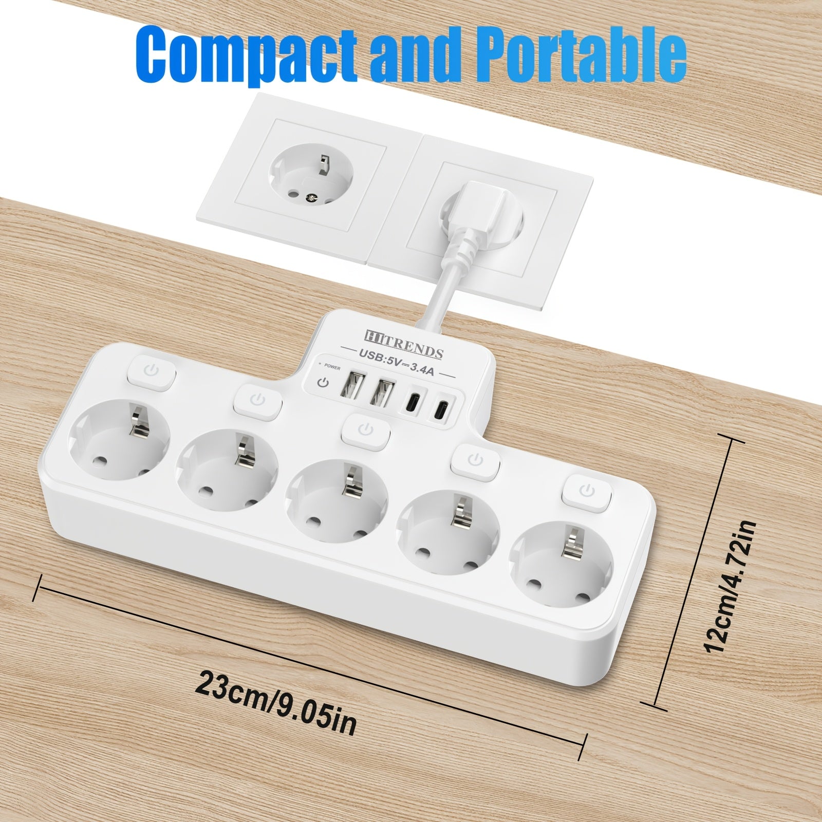 9-Inch Power Strip with 5 AC Outlets 4 USB Ports Wall Mount for Home Office