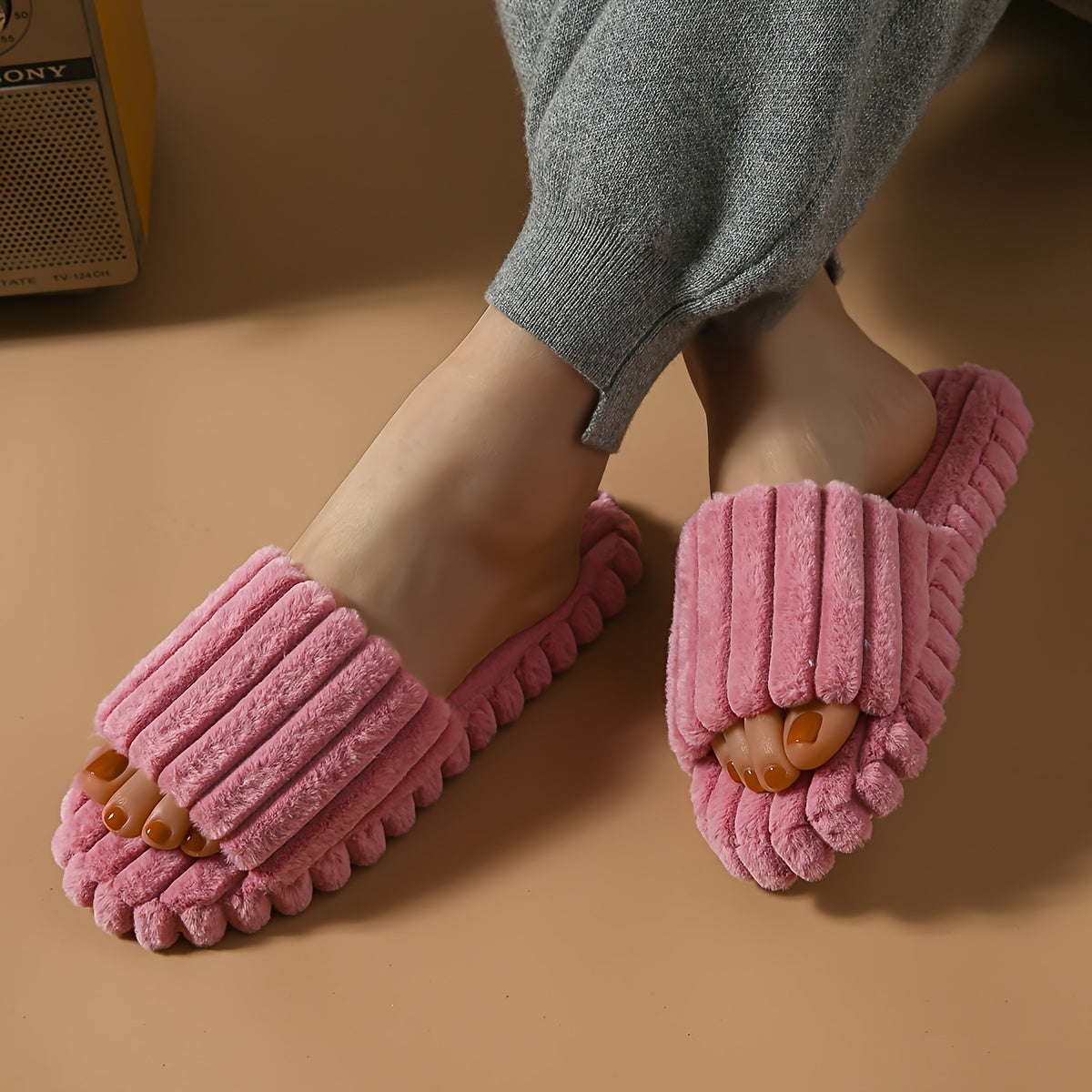 Indoor Slippers Women Soft-Soled Striped Open Toe Fabric Spring Summer